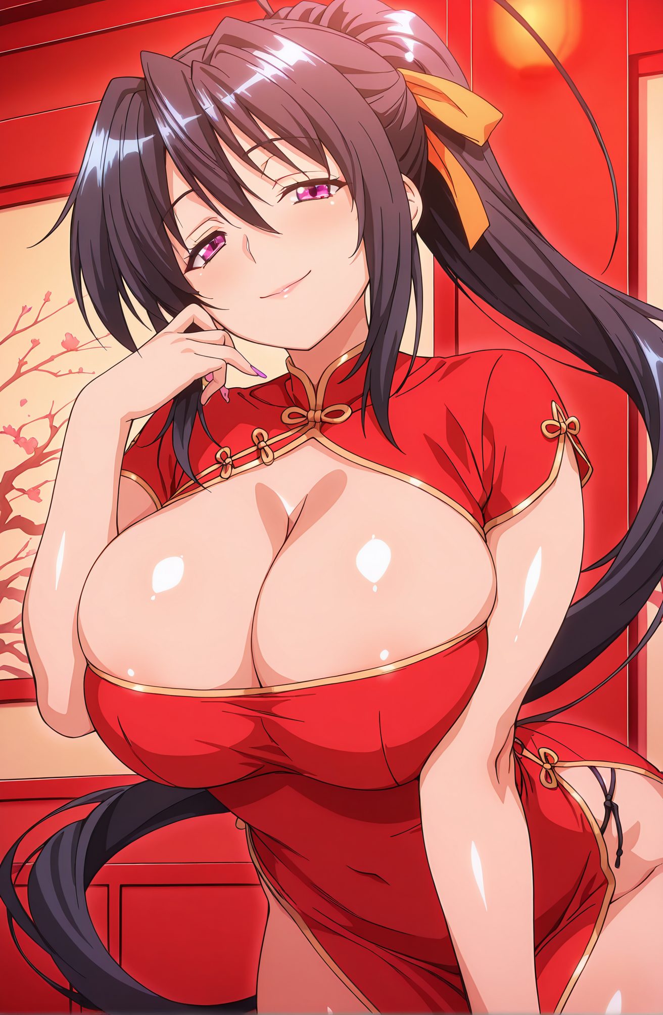sensitive, questionable, 1girl, solo, long_hair, breasts, looking_at_viewer, blush, smile, bangs, large_breasts, black_hair, dress, ribbon, cleavage, hair_between_eyes, very_long_hair, closed_mouth, purple_eyes, hair_ribbon, ponytail, short_sleeves, sidelocks, shiny, indoors, nail_polish, huge_breasts, shiny_skin, clothing_cutout, covered_navel, chinese_clothes, red_dress, cleavage_cutout, china_dress, side_slit, bursting_breasts, himejima_akeno, 長い髪, 赤面, 笑顔, 前髪, 大きな胸, 黒髪, リボン, 目にかかる髪, とても長い髪, 口閉じ, 髪リボン, ポニーテール, サイドロック, 光沢, 巨大な胸, 光沢肌, 姫島朱乃