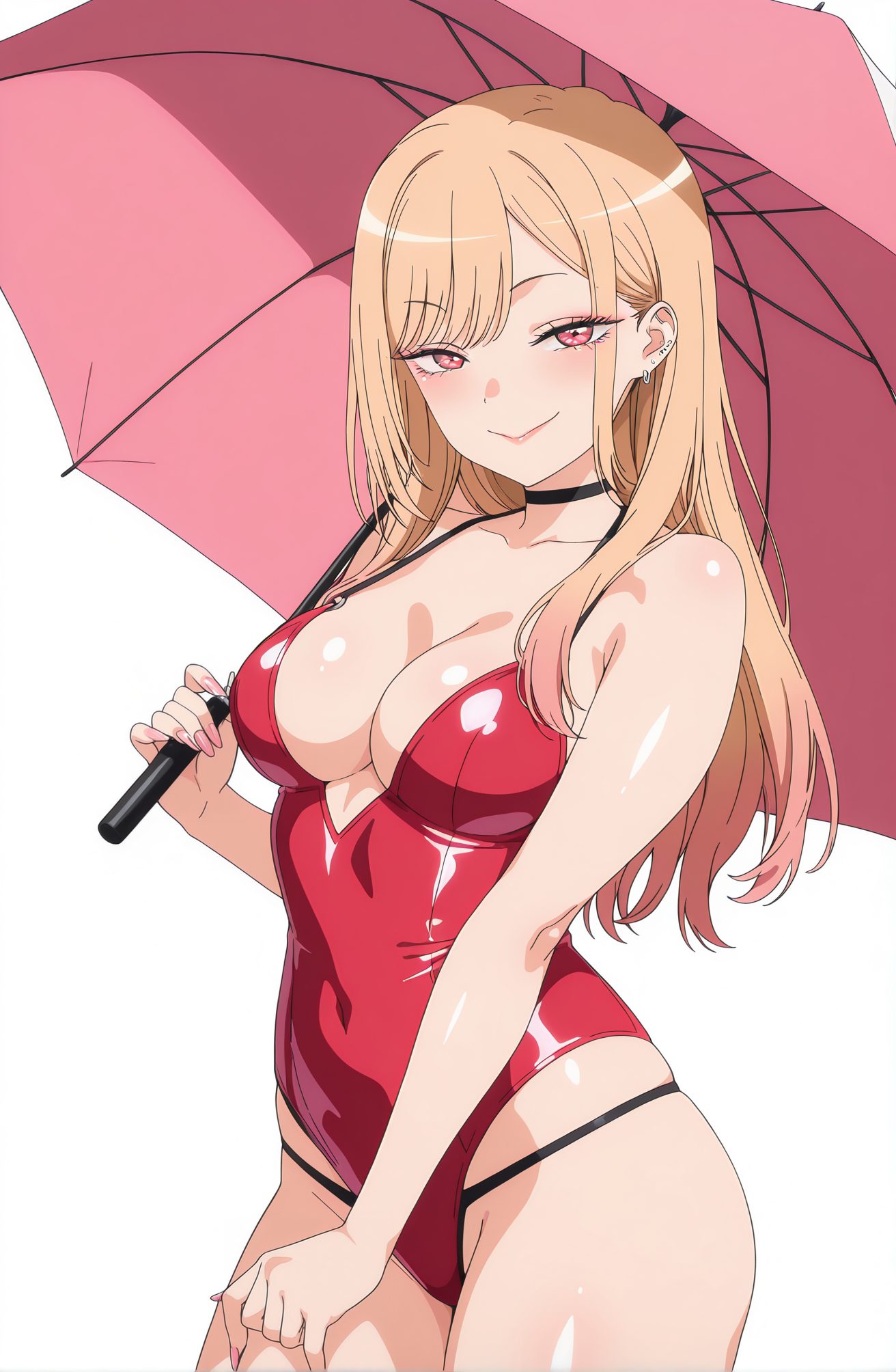 sensitive, 1girl, solo, long_hair, breasts, looking_at_viewer, blush, smile, bangs, blonde_hair, large_breasts, simple_background, red_eyes, white_background, holding, cleavage, bare_shoulders, jewelry, closed_mouth, collarbone, swimsuit, multicolored_hair, cowboy_shot, earrings, choker, nail_polish, one-piece_swimsuit, covered_navel, gradient_hair, umbrella, black_choker, piercing, ear_piercing, pink_nails, holding_umbrella, red_one-piece_swimsuit, industrial_piercing, kitagawa_marin, 長い髪, 赤面, 笑顔, 前髪, 金髪, 大きな胸, 赤い目, 肩出し, ジュエリー, 口閉じ, 鎖骨, 水着, 多色髪, イヤリング, チョーカー, ワンピース水着, 黒チョーカー, 喜多川海夢
