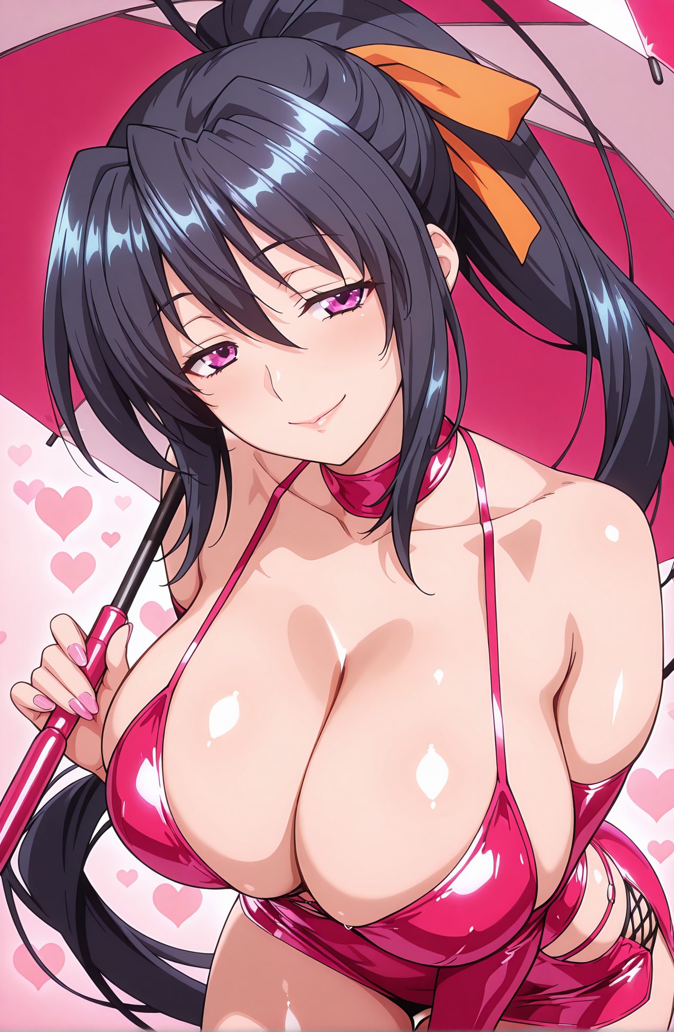 sensitive, 1girl, solo, long_hair, breasts, looking_at_viewer, blush, smile, bangs, large_breasts, black_hair, gloves, dress, ribbon, holding, cleavage, hair_between_eyes, bare_shoulders, very_long_hair, closed_mouth, purple_eyes, collarbone, hair_ribbon, ponytail, heart, choker, elbow_gloves, shiny, nail_polish, shiny_skin, leaning_forward, umbrella, pink_background, pink_nails, shiny_clothes, holding_umbrella, race_queen, orange_ribbon, himejima_akeno, 長い髪, 赤面, 笑顔, 前髪, 大きな胸, 黒髪, 手袋, リボン, 目にかかる髪, 肩出し, とても長い髪, 口閉じ, 鎖骨, 髪リボン, ポニーテール, チョーカー, 光沢, 光沢肌, 姫島朱乃