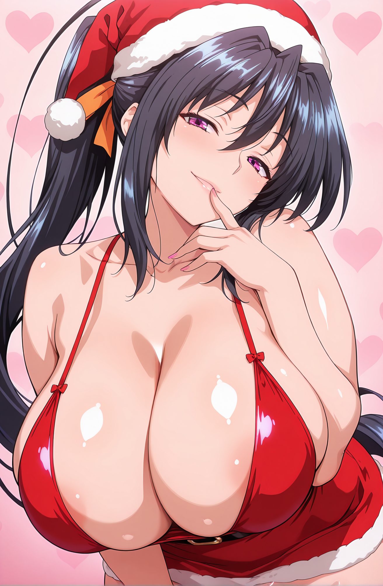 questionable, 1girl, solo, long_hair, breasts, looking_at_viewer, blush, smile, bangs, black_hair, hat, dress, ribbon, cleavage, hair_between_eyes, bare_shoulders, very_long_hair, purple_eyes, collarbone, swimsuit, hair_ribbon, ponytail, heart, bikini, parted_lips, shiny, huge_breasts, shiny_skin, leaning_forward, hair_intakes, red_dress, christmas, finger_to_mouth, areola_slip, santa_hat, santa_costume, himejima_akeno, 長い髪, 赤面, 笑顔, 前髪, 黒髪, 帽子, リボン, 目にかかる髪, 肩出し, とても長い髪, 鎖骨, 水着, 髪リボン, ポニーテール, ビキニ, 光沢, 巨大な胸, 光沢肌, 姫島朱乃