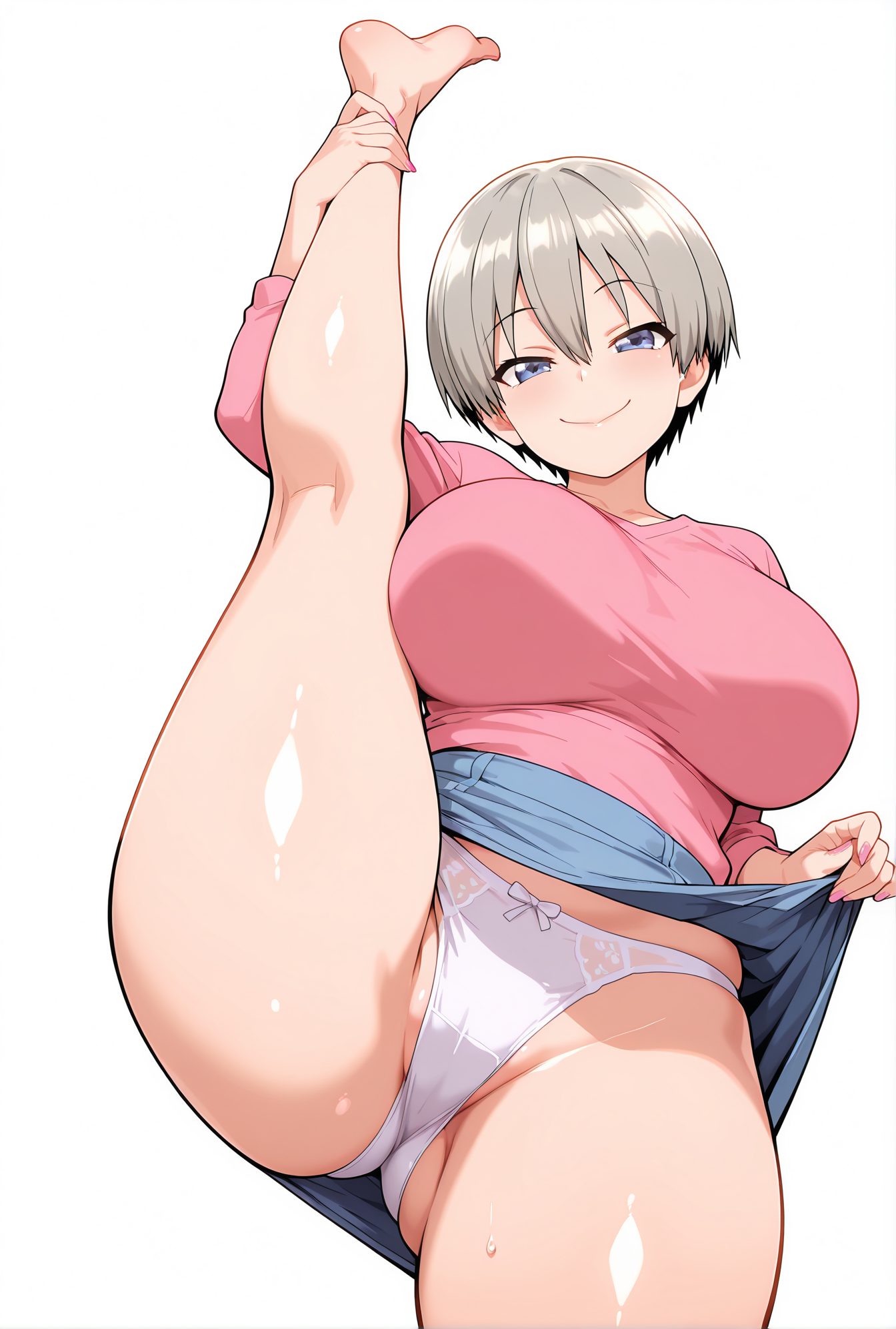 questionable, 1girl, solo, breasts, looking_at_viewer, blush, smile, short_hair, bangs, blue_eyes, skirt, large_breasts, simple_background, shirt, long_sleeves, white_background, bow, hair_between_eyes, closed_mouth, underwear, standing, panties, grey_hair, thighs, clothes_lift, white_panties, blue_skirt, ass_visible_through_thighs, skirt_lift, leg_up, standing_on_one_leg, lifted_by_self, bow_panties, pink_nails, pink_shirt, leg_lift, split, standing_split, denim_skirt, uzaki_hana, 赤面, 笑顔, 短い髪, 前髪, 青い目, スカート, 大きな胸, シャツ, ボウ, 目にかかる髪, 口閉じ, 下着, パンツ, 灰髪, 衣服たくし上げ, スカートたくし上げ, 宇崎花, ok