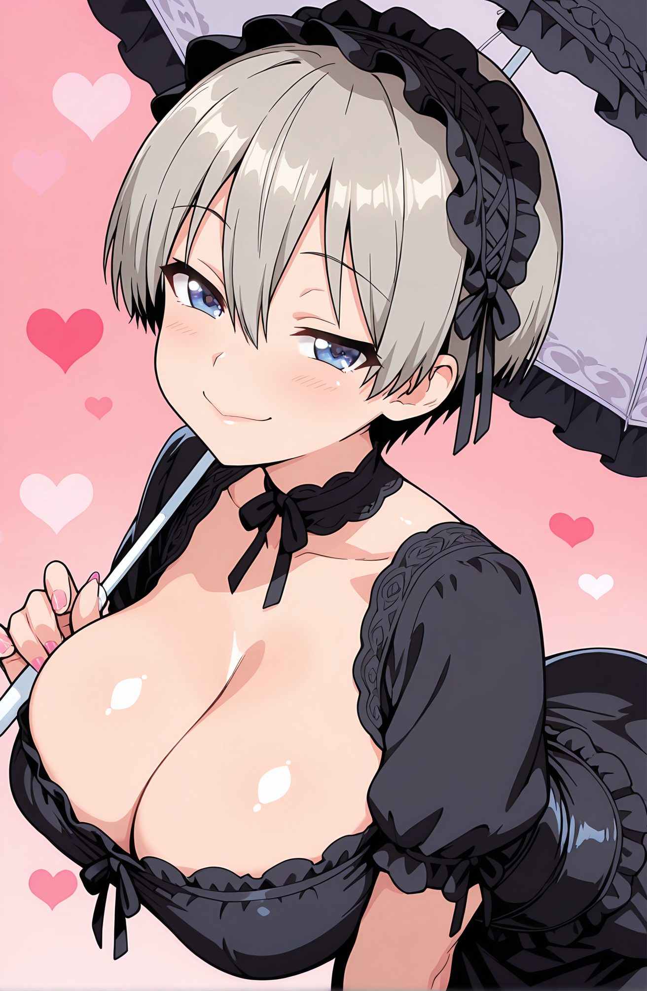 sensitive, 1girl, solo, breasts, looking_at_viewer, blush, smile, short_hair, bangs, blue_eyes, large_breasts, dress, holding, cleavage, hair_between_eyes, closed_mouth, collarbone, upper_body, short_sleeves, grey_hair, heart, hairband, frills, choker, puffy_sleeves, black_dress, puffy_short_sleeves, gradient, maid_headdress, gradient_background, umbrella, pink_background, pink_nails, lolita_fashion, holding_umbrella, gothic_lolita, lolita_hairband, parasol, black_umbrella, uzaki_hana, 赤面, 笑顔, 短い髪, 前髪, 青い目, 大きな胸, 目にかかる髪, 口閉じ, 鎖骨, 灰髪, ヘアバンド, チョーカー, 宇崎花, ok