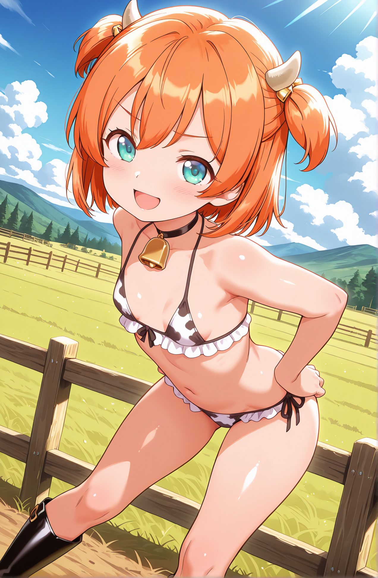 sensitive, 1girl, solo, breasts, looking_at_viewer, blush, smile, short_hair, open_mouth, bangs, navel, bare_shoulders, standing, collarbone, swimsuit, :d, bikini, small_breasts, boots, outdoors, frills, horns, sky, choker, day, shiny, cloud, orange_hair, flat_chest, collar, aqua_eyes, two_side_up, blue_sky, v-shaped_eyebrows, hand_on_hip, bare_arms, bell, leaning_forward, side-tie_bikini_bottom, black_choker, knee_boots, grass, animal_print, neck_bell, frilled_bikini, mountain, fence, cow_print, cow_horns, cowbell, print_bikini, mountainous_horizon, wooden_fence, 赤面, 笑顔, 短い髪, 口開き, 前髪, 肩出し, 鎖骨, 水着, ビキニ, 小さな胸, チョーカー, 光沢, オレンジ髪, 平らな胸, 両側アップ, 黒チョーカー, 牛柄, ok, 片岡優希
