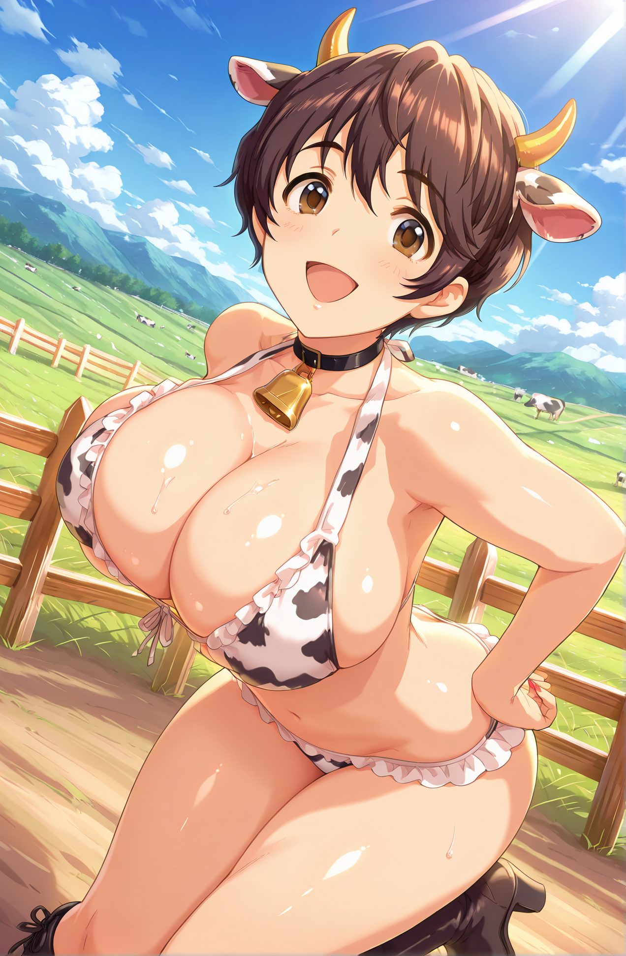 sensitive, 1girl, solo, breasts, looking_at_viewer, blush, smile, short_hair, open_mouth, bangs, large_breasts, brown_hair, navel, animal_ears, cleavage, bare_shoulders, brown_eyes, collarbone, swimsuit, :d, bikini, thighs, sweat, boots, outdoors, frills, horns, sky, day, cloud, black_footwear, high_heels, collar, blue_sky, shiny_skin, bell, knee_boots, grass, animal_print, neck_bell, frilled_bikini, mountain, fence, cow_print, cow_ears, cow_horns, cowbell, cow_girl, wooden_fence, oikawa_shizuku, 赤面, 笑顔, 短い髪, 口開き, 前髪, 大きな胸, 茶髪, 動物耳, 肩出し, 鎖骨, 水着, ビキニ, 汗, 光沢肌, 牛柄, 及川雫, ok