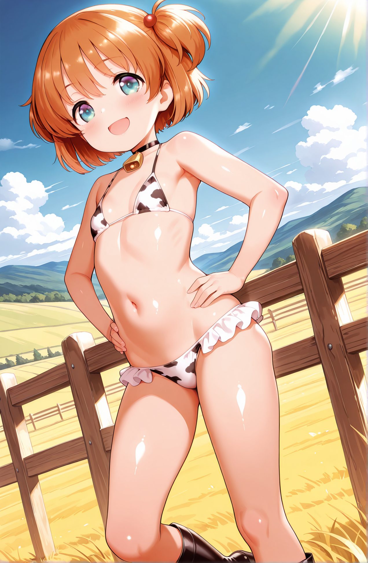 sensitive, 1girl, solo, breasts, looking_at_viewer, blush, smile, short_hair, open_mouth, bangs, blue_eyes, brown_hair, hair_ornament, navel, bare_shoulders, standing, swimsuit, :d, bikini, small_breasts, boots, outdoors, frills, sky, choker, day, shiny, cloud, black_footwear, orange_hair, flat_chest, collar, blue_sky, shiny_skin, bare_arms, dutch_angle, bell, one_side_up, white_bikini, knee_boots, grass, hair_bobbles, animal_print, neck_bell, frilled_bikini, hands_on_hips, mountain, fence, cow_print, print_bikini, mountainous_horizon, wooden_fence, 赤面, 笑顔, 短い髪, 口開き, 前髪, 青い目, 茶髪, 髪飾り, 肩出し, 水着, ビキニ, 小さな胸, チョーカー, 光沢, オレンジ髪, 平らな胸, 光沢肌, 片側アップ, 牛柄, ok, 片岡優希