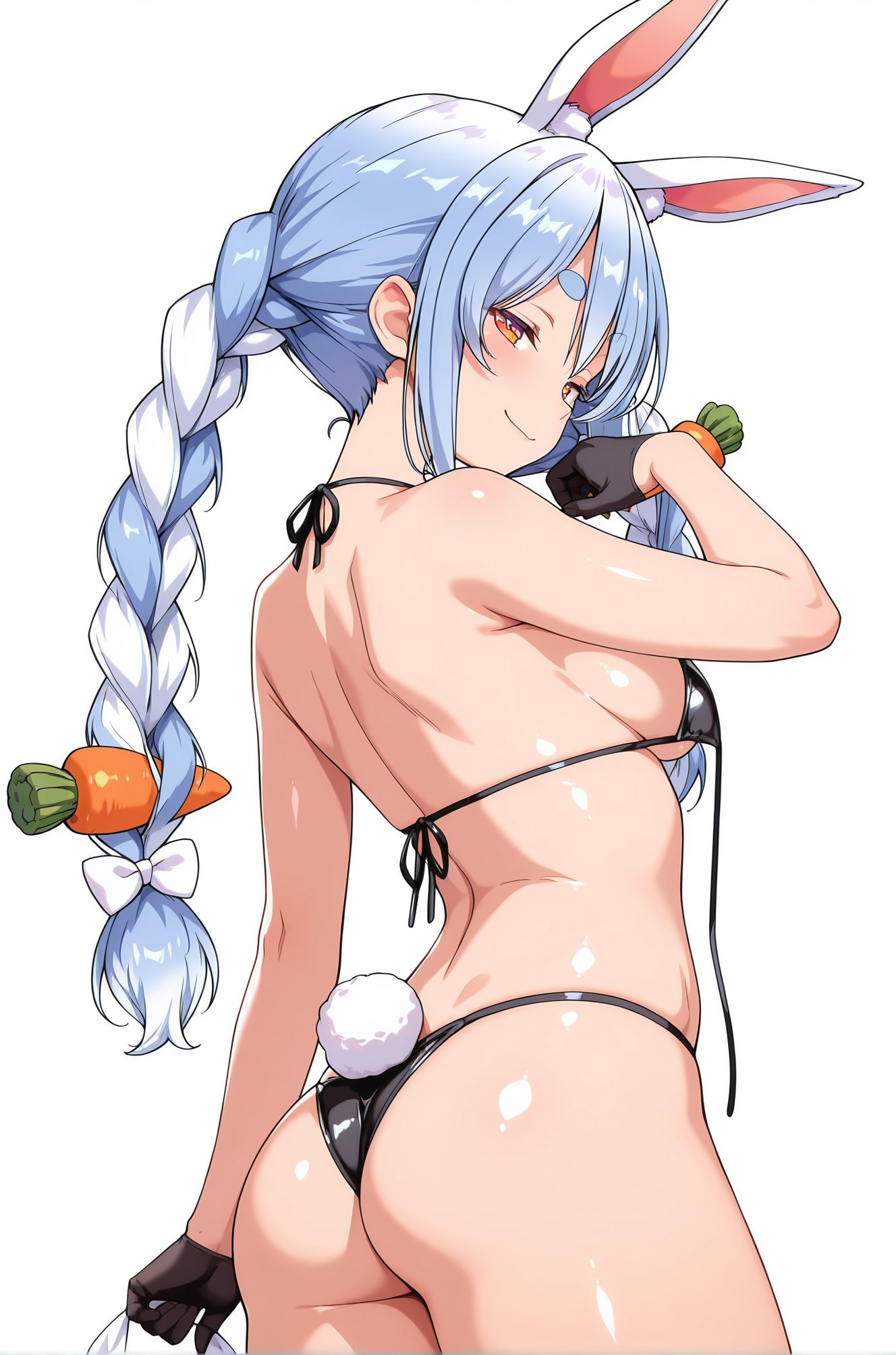 sensitive, questionable, 1girl, solo, long_hair, breasts, looking_at_viewer, blush, smile, bangs, simple_background, hair_ornament, gloves, white_background, holding, animal_ears, bare_shoulders, twintails, medium_breasts, closed_mouth, blue_hair, tail, swimsuit, ass, braid, white_hair, hair_bow, bikini, multicolored_hair, cowboy_shot, black_gloves, shiny, looking_back, virtual_youtuber, from_behind, rabbit_ears, twin_braids, two-tone_hair, orange_eyes, animal_ear_fluff, shiny_skin, sideboob, black_bikini, halterneck, back, thick_eyebrows, rabbit_tail, string_bikini, micro_bikini, rabbit_girl, untied, food-themed_hair_ornament, bare_back, carrot, shoulder_blades, untied_bikini, carrot_hair_ornament, bunny-shaped_pupils, usada_pekora, 長い髪, 赤面, 笑顔, 前髪, 髪飾り, 手袋, 動物耳, 肩出し, ツインテール, 中くらいの胸, 口閉じ, 青髪, 水着, 白髪, 髪ボウ, ビキニ, 多色髪, 黒手袋, 光沢, バーチャルYouTuber, うさ耳, ツインブレイド, 光沢肌, ストリングビキニ, マイクロビキニ, 兎田ぺこら, ok, 兎田ぺこら_posted
