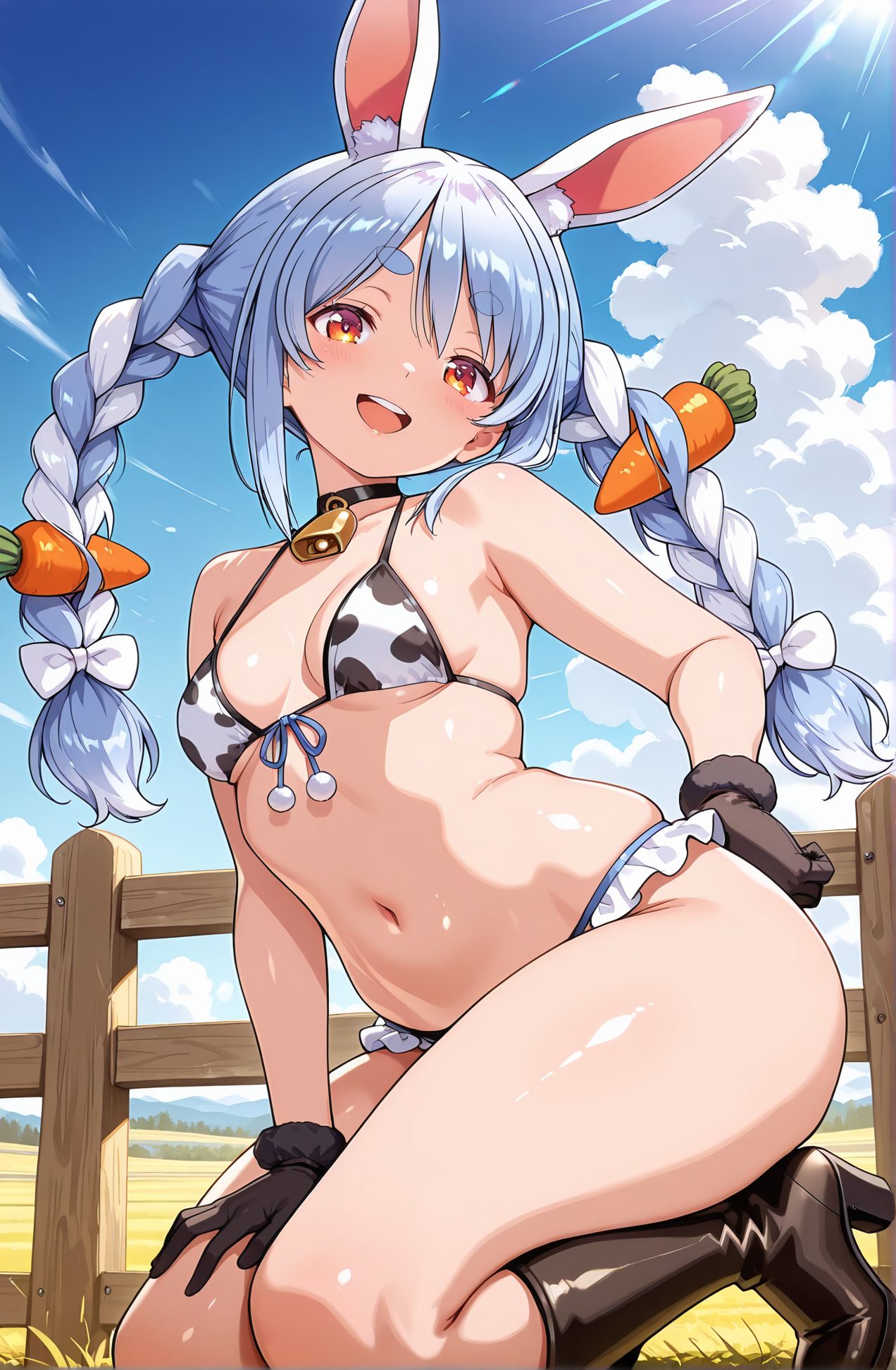sensitive, 1girl, solo, long_hair, breasts, looking_at_viewer, blush, smile, open_mouth, bangs, hair_ornament, red_eyes, gloves, bow, navel, animal_ears, bare_shoulders, twintails, blue_hair, swimsuit, braid, white_hair, :d, hair_bow, bikini, thighs, multicolored_hair, small_breasts, boots, outdoors, frills, sky, teeth, choker, day, black_gloves, cloud, virtual_youtuber, stomach, black_footwear, rabbit_ears, high_heels, twin_braids, two-tone_hair, blue_sky, orange_eyes, animal_ear_fluff, shiny_skin, symbol-shaped_pupils, fur_trim, kneeling, bell, upper_teeth_only, black_choker, white_bikini, thick_eyebrows, knee_boots, white_bow, animal_print, front-tie_top, neck_bell, front-tie_bikini_top, fence, short_eyebrows, cow_print, food-themed_hair_ornament, print_bikini, fur-trimmed_gloves, carrot_hair_ornament, usada_pekora, 長い髪, 赤面, 笑顔, 口開き, 前髪, 髪飾り, 赤い目, 手袋, ボウ, 動物耳, 肩出し, ツインテール, 青髪, 水着, 白髪, 髪ボウ, ビキニ, 多色髪, 小さな胸, チョーカー, 黒手袋, バーチャルYouTuber, うさ耳, ツインブレイド, 光沢肌, 黒チョーカー, フロントタイトップ, フロントタイビキニトップ, 牛柄, 兎田ぺこら, ok, 兎田ぺこら_posted