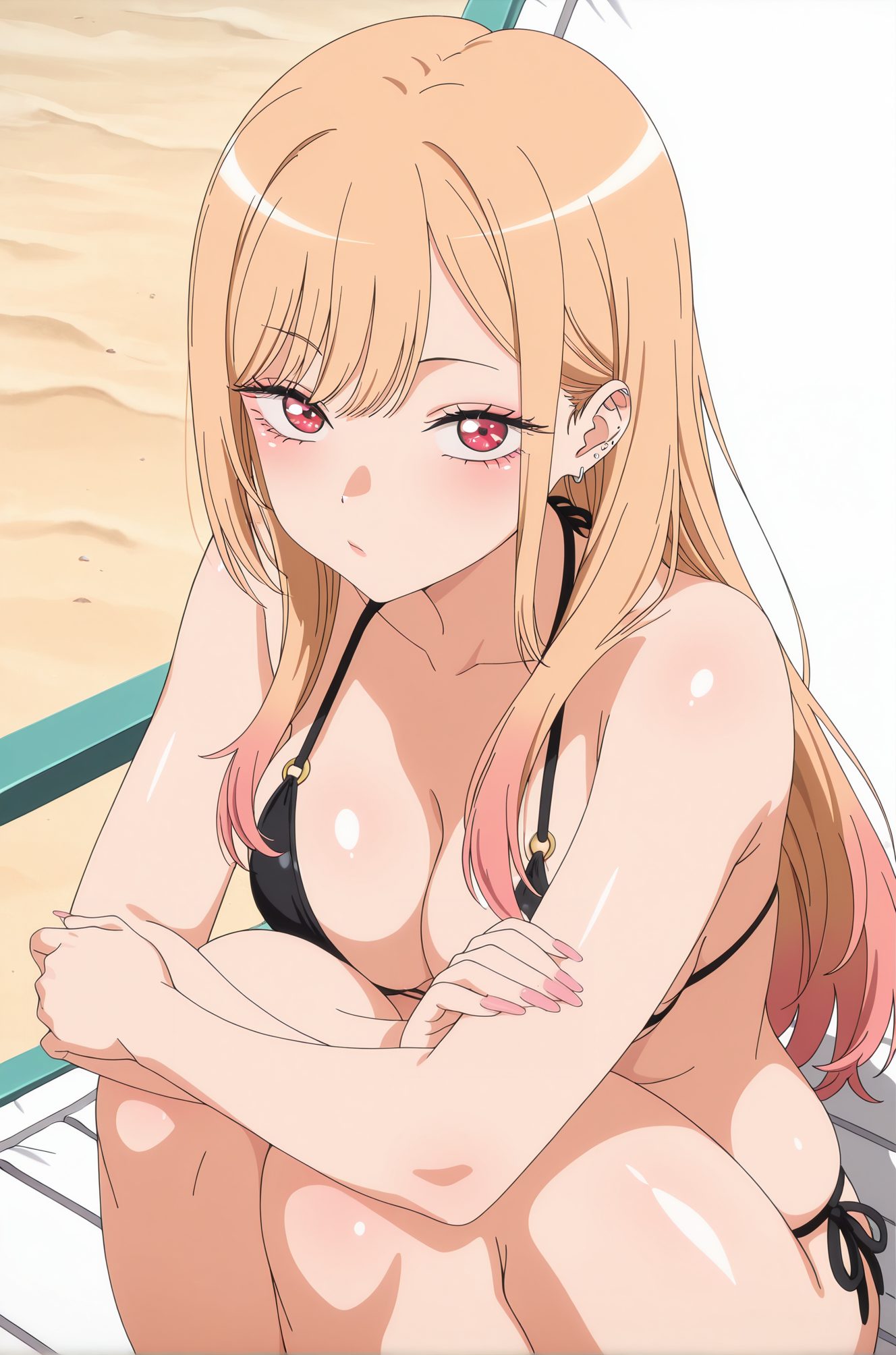 sensitive, 1girl, solo, long_hair, breasts, looking_at_viewer, blush, bangs, blonde_hair, large_breasts, red_eyes, cleavage, jewelry, sitting, closed_mouth, collarbone, swimsuit, pink_hair, bikini, multicolored_hair, earrings, shiny_skin, gradient_hair, black_bikini, side-tie_bikini_bottom, piercing, ear_piercing, string_bikini, pink_nails, kitagawa_marin, 長い髪, 赤面, 前髪, 金髪, 大きな胸, 赤い目, ジュエリー, 座り, 口閉じ, 鎖骨, 水着, ピンク髪, ビキニ, 多色髪, イヤリング, 光沢肌, ストリングビキニ, 喜多川海夢