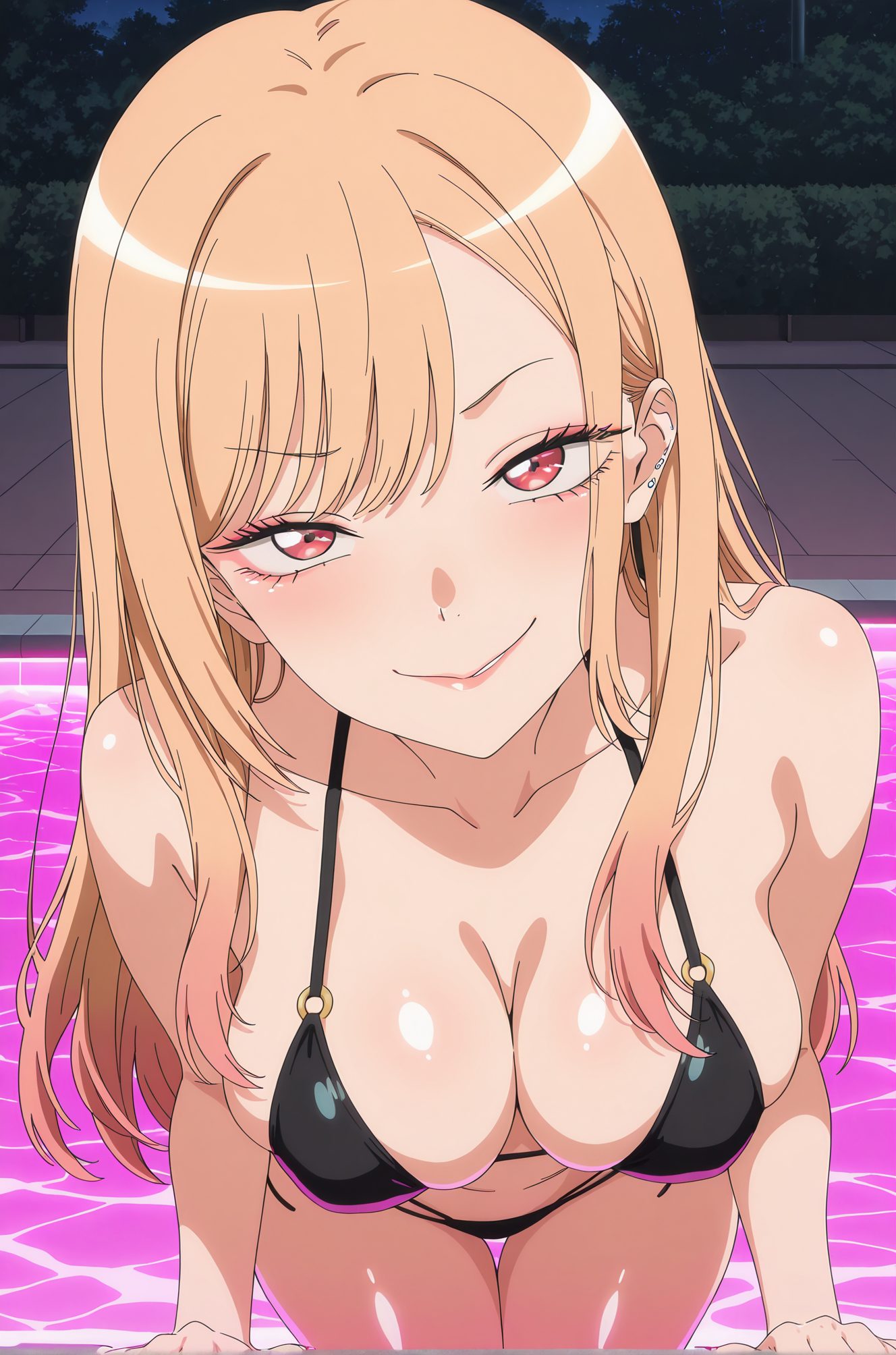 sensitive, 1girl, solo, long_hair, breasts, looking_at_viewer, blush, smile, bangs, blonde_hair, large_breasts, red_eyes, navel, cleavage, bare_shoulders, jewelry, collarbone, swimsuit, bikini, multicolored_hair, earrings, shiny, shiny_skin, eyelashes, gradient_hair, makeup, leaning_forward, night, swept_bangs, black_bikini, pov, thigh_gap, piercing, lipstick, ear_piercing, o-ring, pink_lips, pool, o-ring_bikini, gyaru, barbell_piercing, kitagawa_marin, 長い髪, 赤面, 笑顔, 前髪, 金髪, 大きな胸, 赤い目, 肩出し, ジュエリー, 鎖骨, 水着, ビキニ, 多色髪, イヤリング, 光沢, 光沢肌, 喜多川海夢
