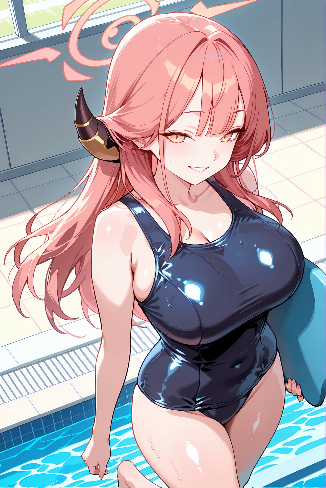 rikuhachima aru, sensitive, 1girl, solo, long_hair, breasts, looking_at_viewer, blush, smile, bangs, large_breasts, holding, cleavage, bare_shoulders, collarbone, swimsuit, yellow_eyes, pink_hair, thighs, red_hair, parted_lips, horns, barefoot, alternate_costume, indoors, water, grin, wet, one-piece_swimsuit, bare_arms, covered_navel, halo, school_swimsuit, blue_one-piece_swimsuit, pool, poolside, kickboard, aru_(blue_archive), 予備