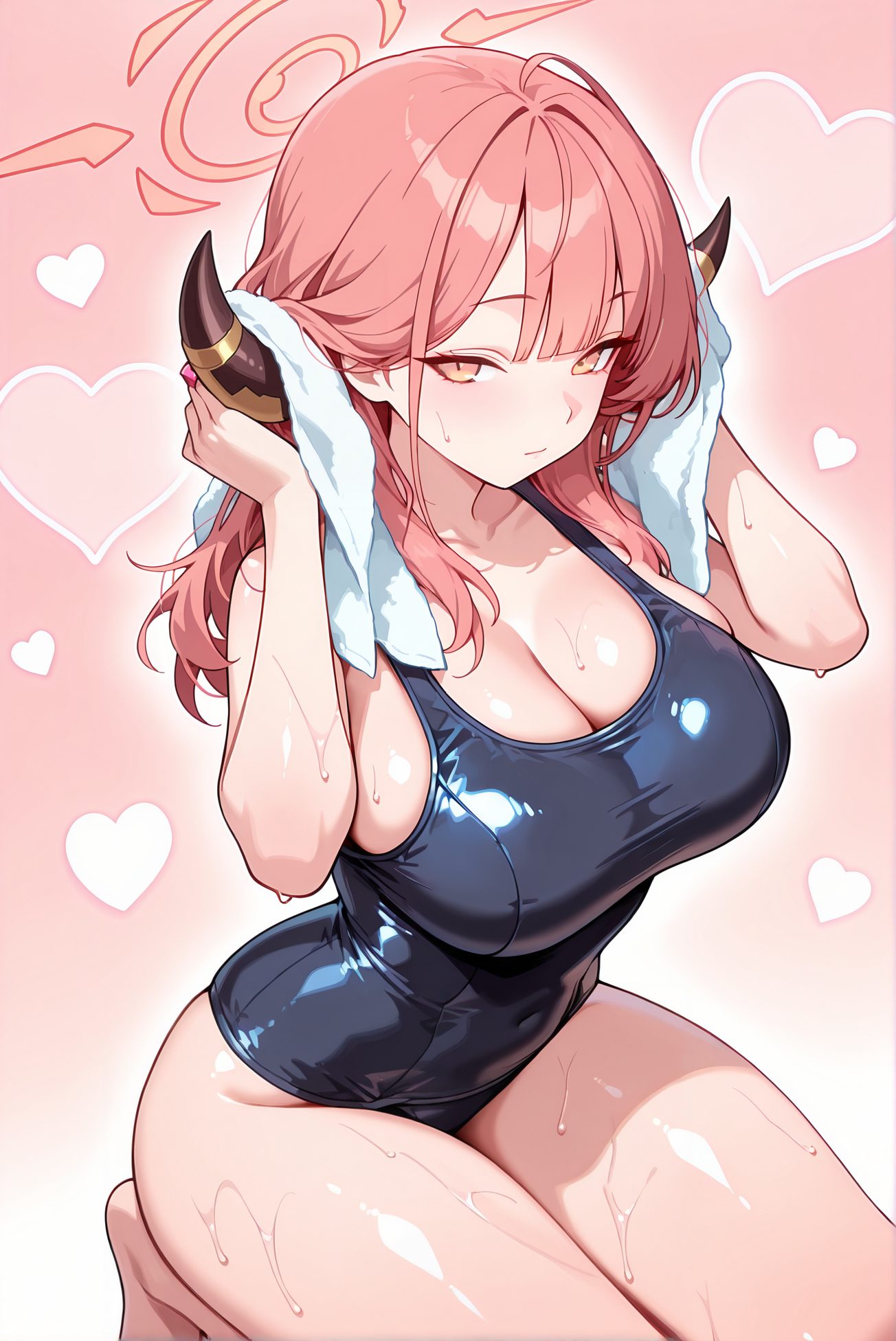rikuhachima aru, sensitive, 1girl, solo, long_hair, breasts, looking_at_viewer, blush, bangs, large_breasts, holding, cleavage, bare_shoulders, closed_mouth, collarbone, swimsuit, yellow_eyes, pink_hair, heart, thighs, red_hair, horns, barefoot, wet, one-piece_swimsuit, bare_arms, covered_navel, skindentation, halo, pink_background, school_swimsuit, towel, blue_one-piece_swimsuit, black_one-piece_swimsuit, towel_on_head, drying, drying_hair, aru_(blue_archive), 予備