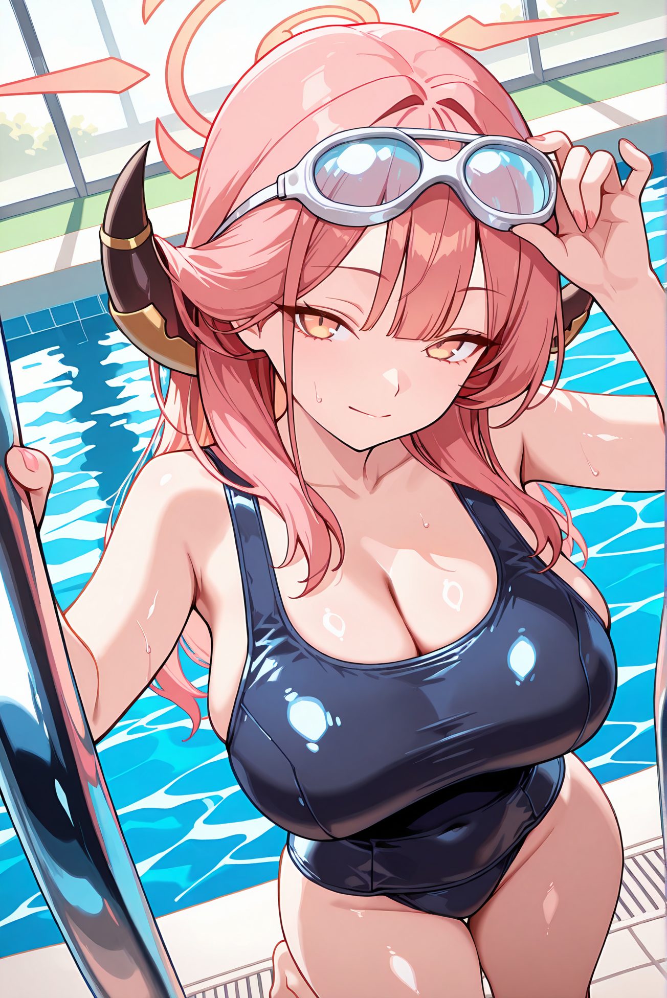 rikuhachima aru, sensitive, 1girl, solo, long_hair, breasts, looking_at_viewer, blush, smile, bangs, large_breasts, cleavage, bare_shoulders, closed_mouth, collarbone, swimsuit, yellow_eyes, pink_hair, thighs, horns, barefoot, indoors, water, wet, orange_eyes, one-piece_swimsuit, bare_arms, covered_navel, halo, school_swimsuit, goggles, eyewear_on_head, goggles_on_head, blue_one-piece_swimsuit, taut_clothes, pool, poolside, wet_swimsuit, pool_ladder, aru_(blue_archive), 予備