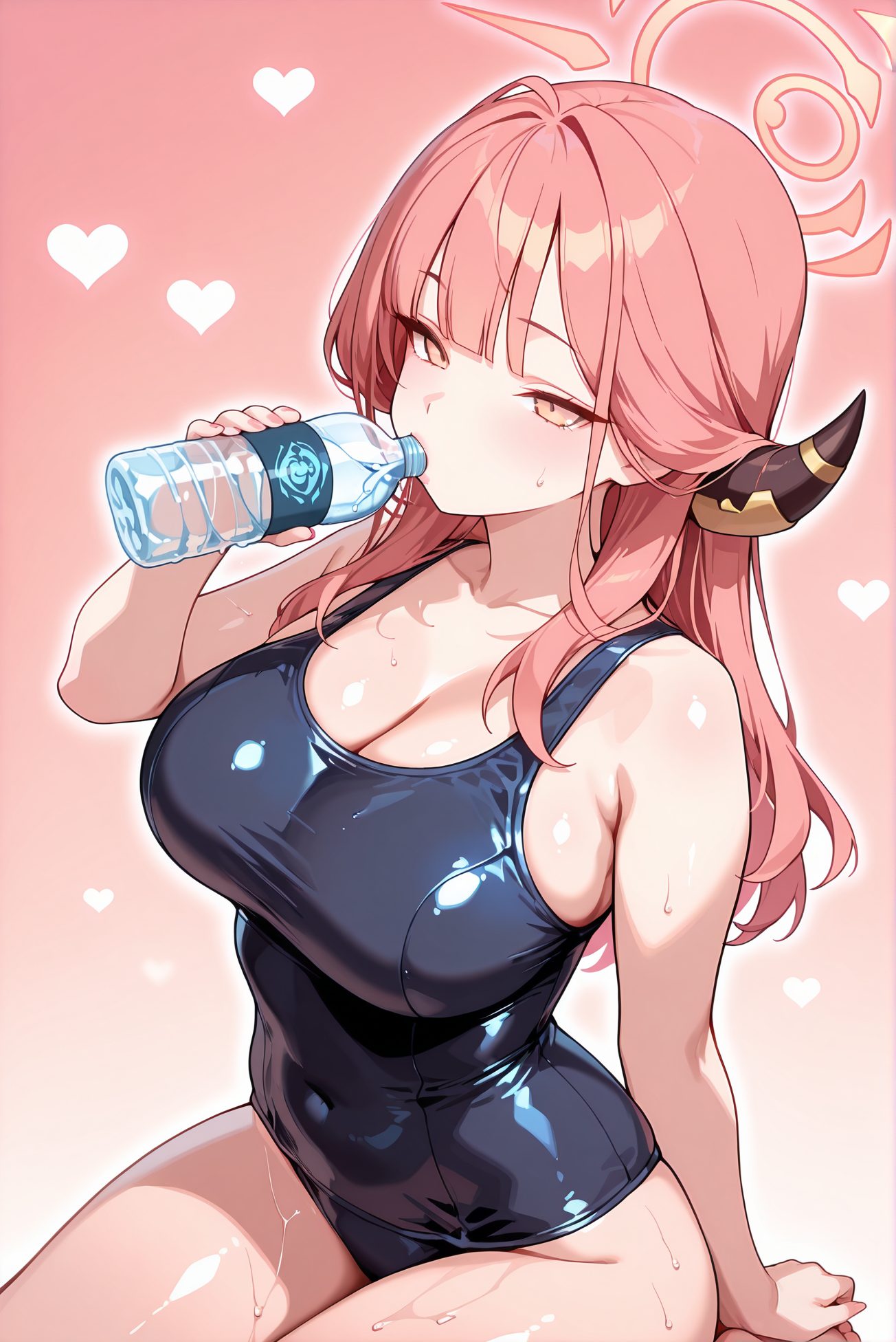 rikuhachima aru, sensitive, 1girl, solo, long_hair, breasts, looking_at_viewer, blush, bangs, large_breasts, holding, cleavage, bare_shoulders, sitting, collarbone, swimsuit, yellow_eyes, pink_hair, heart, thighs, red_hair, horns, blunt_bangs, wet, gradient, one-piece_swimsuit, bare_arms, gradient_background, covered_navel, skindentation, halo, pink_background, school_swimsuit, bottle, wet_clothes, shiny_clothes, blue_one-piece_swimsuit, black_one-piece_swimsuit, taut_clothes, drinking, holding_bottle, water_bottle, heart_background, aru_(blue_archive), 予備