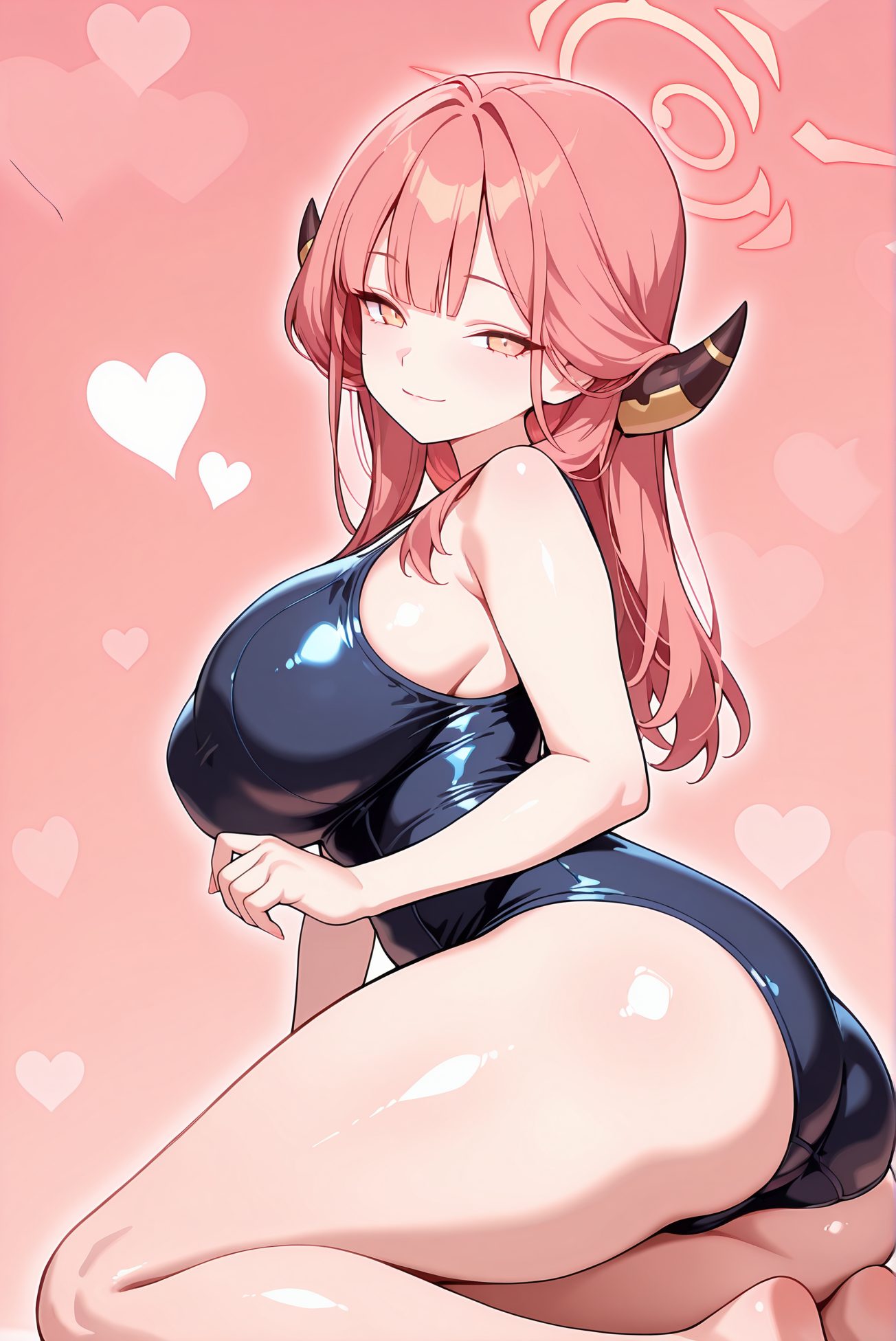 rikuhachima aru, sensitive, 1girl, solo, long_hair, breasts, looking_at_viewer, blush, smile, bangs, large_breasts, bare_shoulders, sitting, closed_mouth, swimsuit, yellow_eyes, pink_hair, ass, heart, thighs, horns, barefoot, shiny, blunt_bangs, from_side, one-piece_swimsuit, bare_legs, halo, pink_background, school_swimsuit, blue_one-piece_swimsuit, black_one-piece_swimsuit, aru_(blue_archive), 予備