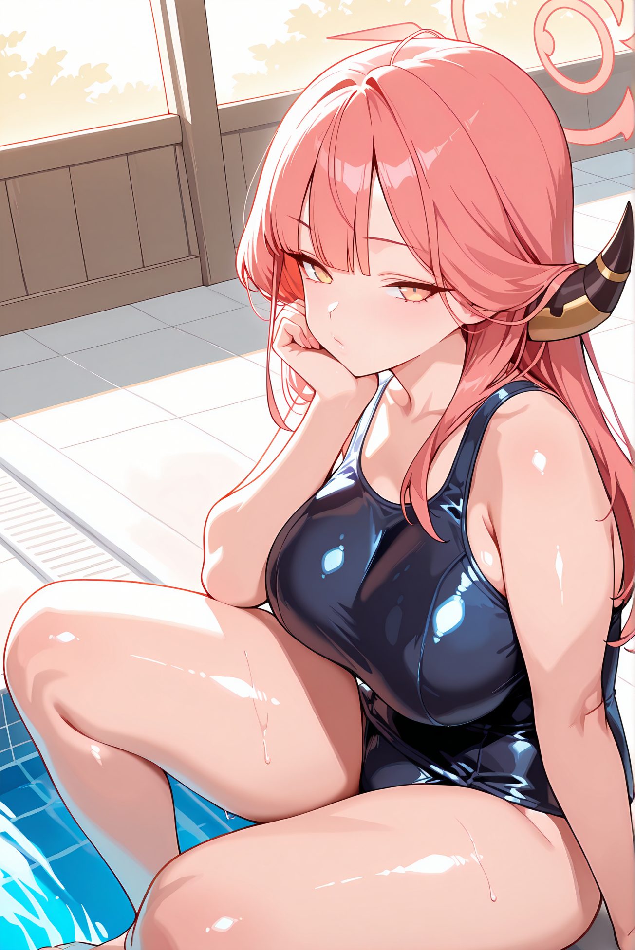 rikuhachima aru, sensitive, 1girl, solo, long_hair, breasts, looking_at_viewer, blush, bangs, large_breasts, bare_shoulders, sitting, closed_mouth, collarbone, swimsuit, yellow_eyes, pink_hair, thighs, red_hair, horns, shiny, indoors, water, wet, one-piece_swimsuit, bare_arms, bare_legs, halo, school_swimsuit, hand_on_own_face, black_one-piece_swimsuit, tiles, pool, soaking_feet, poolside, aru_(blue_archive), 予備
