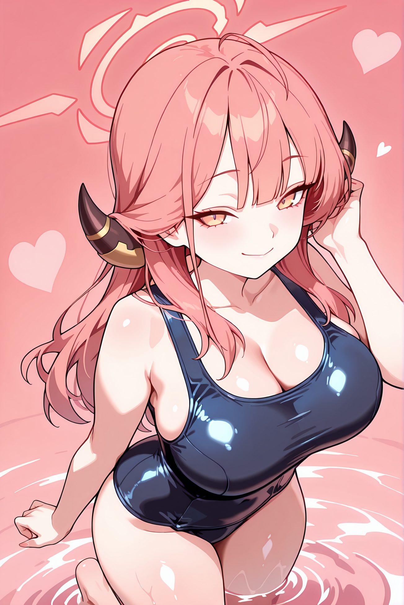 rikuhachima aru, sensitive, 1girl, solo, long_hair, breasts, looking_at_viewer, blush, smile, bangs, large_breasts, cleavage, bare_shoulders, closed_mouth, collarbone, swimsuit, yellow_eyes, pink_hair, heart, thighs, horns, barefoot, hand_up, water, orange_eyes, one-piece_swimsuit, bare_arms, covered_navel, halo, school_swimsuit, wading, blue_one-piece_swimsuit, aru_(blue_archive), 予備