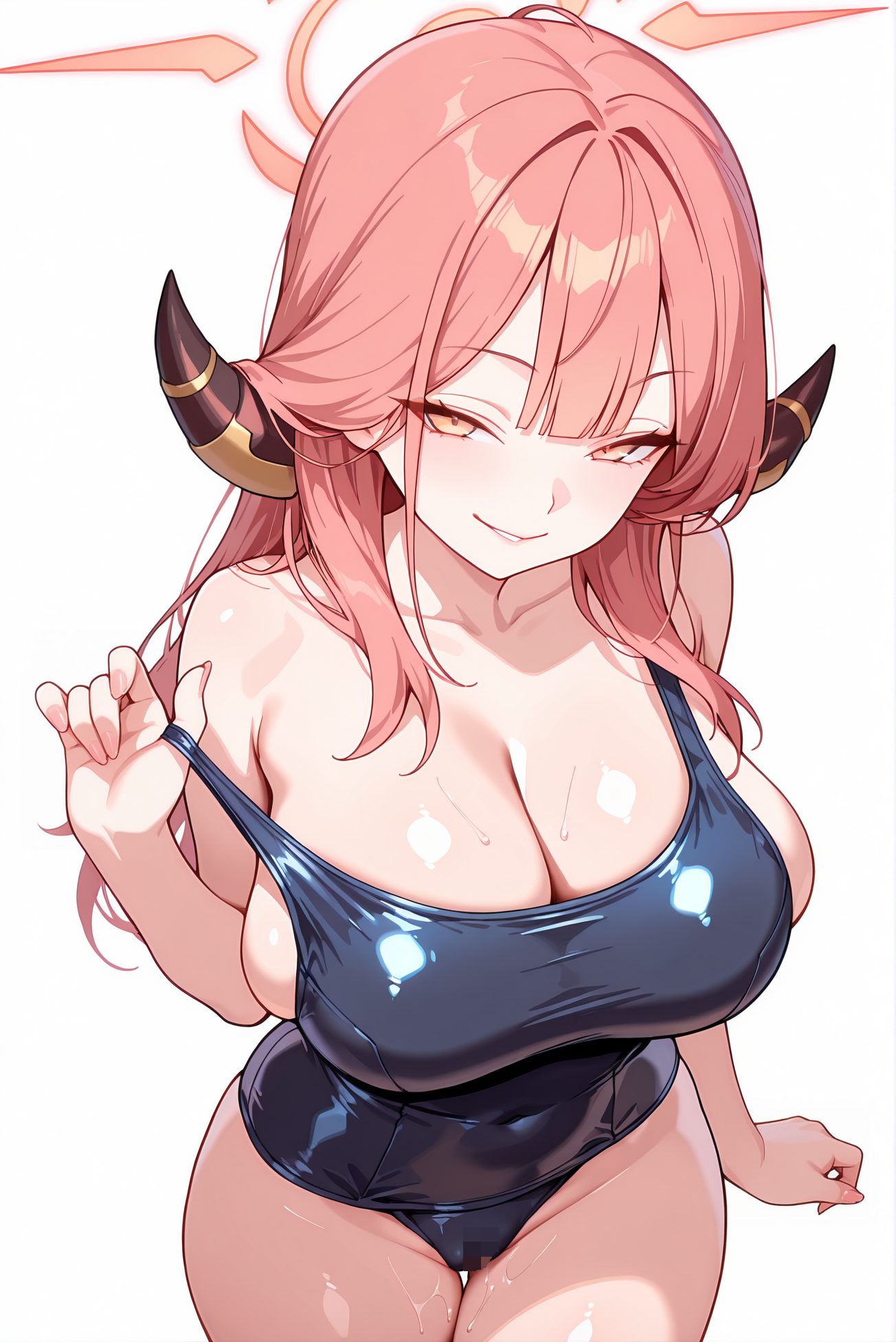 rikuhachima aru, questionable, 1girl, solo, long_hair, breasts, looking_at_viewer, blush, smile, bangs, large_breasts, simple_background, white_background, cleavage, bare_shoulders, closed_mouth, collarbone, swimsuit, yellow_eyes, pink_hair, thighs, cowboy_shot, horns, wet, one-piece_swimsuit, covered_navel, skindentation, cameltoe, halo, clothes_pull, school_swimsuit, blue_one-piece_swimsuit, pulled_by_self, strap_pull, aru_(blue_archive), 予備