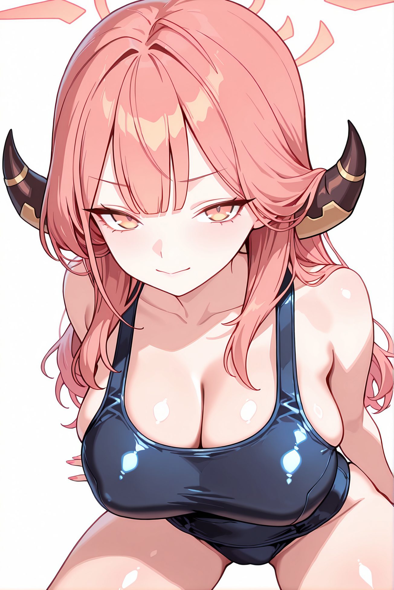 rikuhachima aru, sensitive, 1girl, solo, long_hair, breasts, looking_at_viewer, smile, bangs, large_breasts, simple_background, white_background, cleavage, bare_shoulders, sitting, closed_mouth, collarbone, swimsuit, yellow_eyes, pink_hair, thighs, horns, pink_eyes, one-piece_swimsuit, skindentation, halo, school_swimsuit, blue_one-piece_swimsuit, aru_(blue_archive), 予備