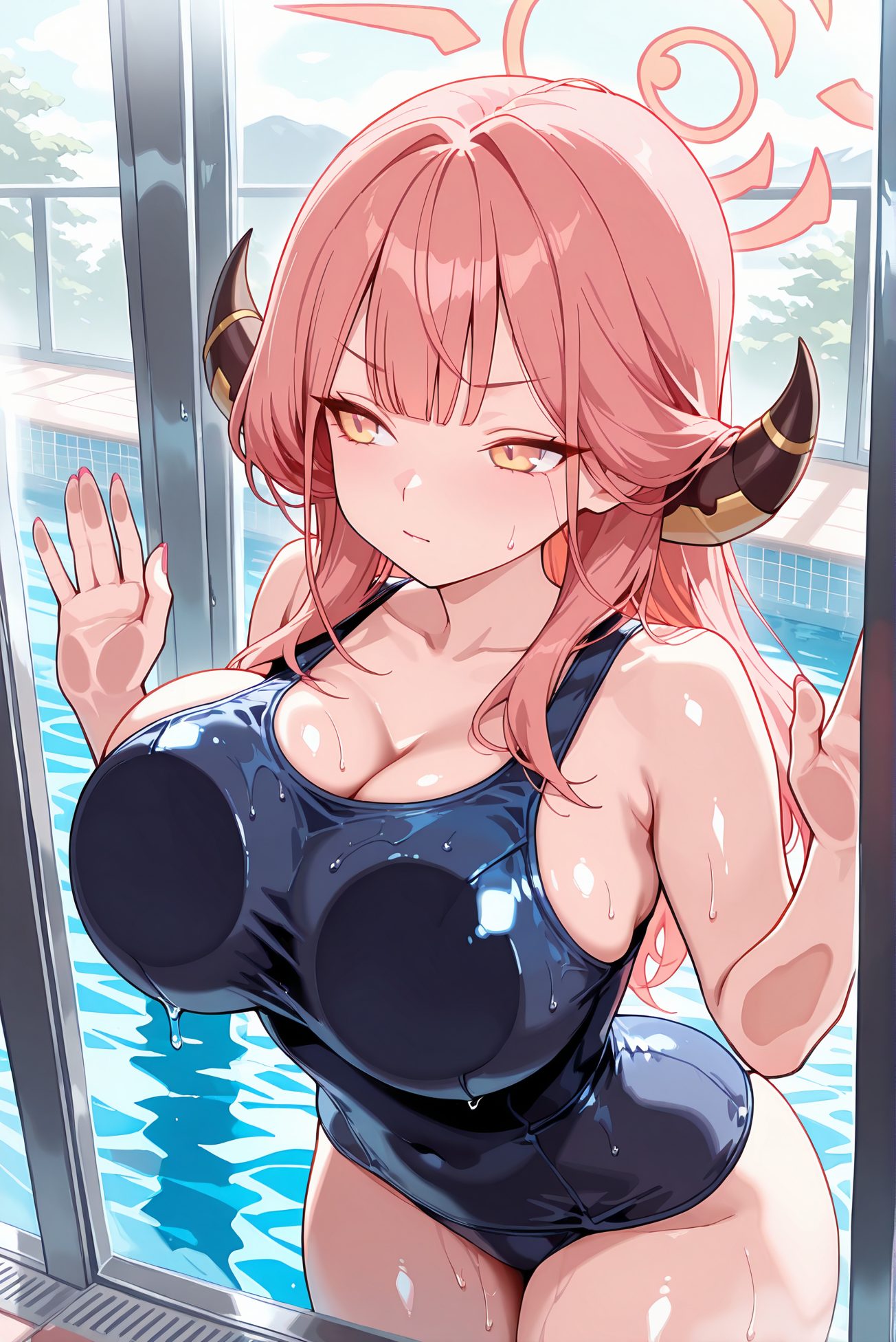 rikuhachima aru, sensitive, 1girl, solo, long_hair, breasts, blush, bangs, large_breasts, cleavage, bare_shoulders, closed_mouth, collarbone, swimsuit, yellow_eyes, pink_hair, thighs, red_hair, cowboy_shot, horns, alternate_costume, indoors, water, wet, one-piece_swimsuit, hands_up, bare_arms, window, covered_navel, skindentation, halo, looking_away, school_swimsuit, breast_press, wet_clothes, blue_one-piece_swimsuit, pool, against_glass, wet_swimsuit, breasts_on_glass, aru_(blue_archive), 予備