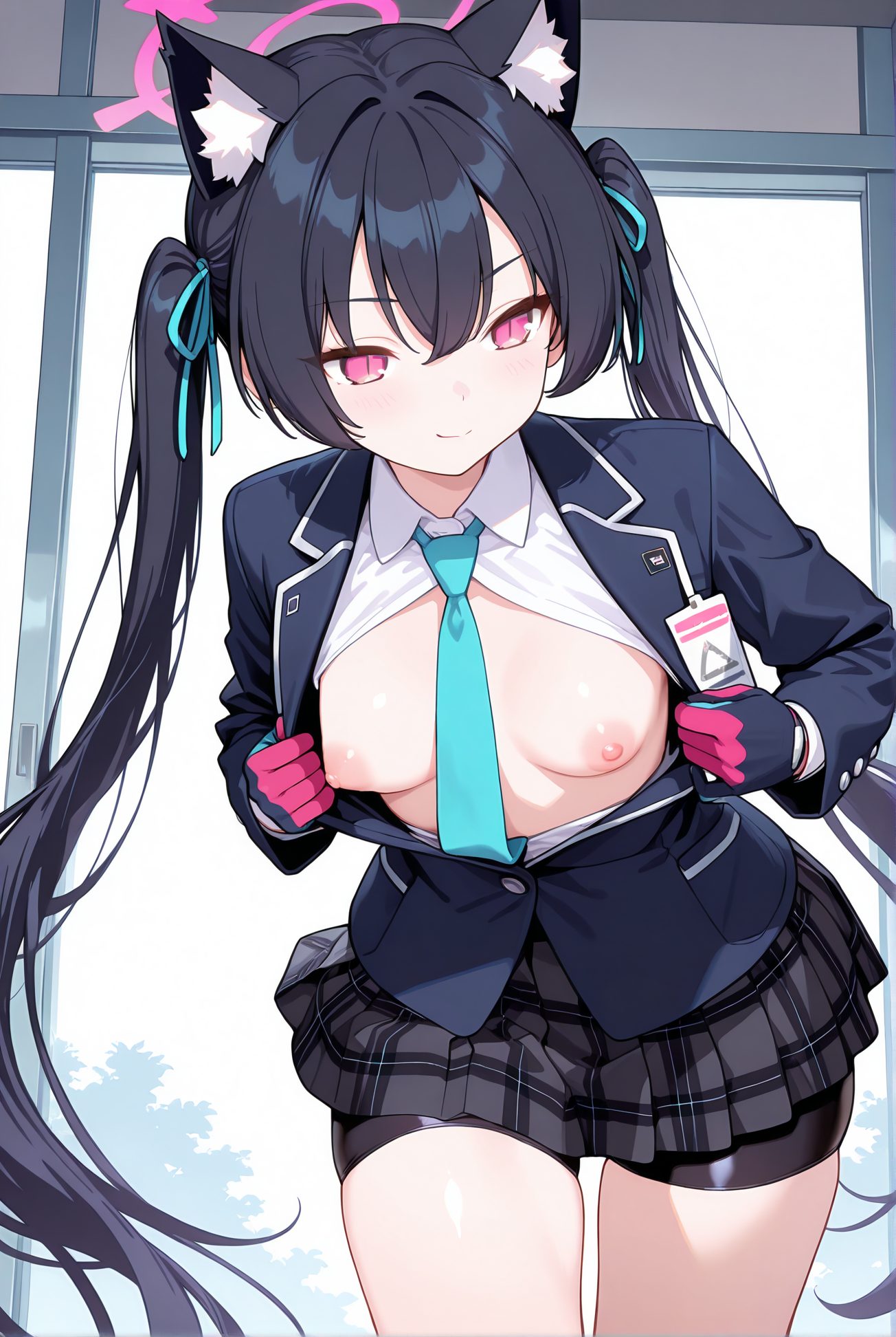 kuromi serika, questionable, 1girl, solo, long_hair, breasts, blush, smile, bangs, skirt, shirt, black_hair, red_eyes, gloves, long_sleeves, ribbon, animal_ears, hair_between_eyes, twintails, very_long_hair, closed_mouth, nipples, school_uniform, jacket, hair_ribbon, white_shirt, thighs, cowboy_shot, pleated_skirt, small_breasts, open_clothes, necktie, shorts, collared_shirt, cat_ears, pink_eyes, open_jacket, animal_ear_fluff, plaid, open_shirt, no_bra, halo, plaid_skirt, clothes_pull, black_shorts, breasts_out, blue_ribbon, blue_jacket, bike_shorts, blue_necktie, pulled_by_self, id_card, shorts_under_skirt, bike_shorts_under_skirt, 長い髪, 赤面, 笑顔, 前髪, スカート, シャツ, 黒髪, 赤い目, 手袋, リボン, 動物耳, 目にかかる髪, ツインテール, とても長い髪, 口閉じ, 乳首, 学校制服, 髪リボン, 白シャツ, 小さな胸, 衣服開く, シャツ開く, 胸出し, バイクショーツ（スパッツ）, ok, Posted
