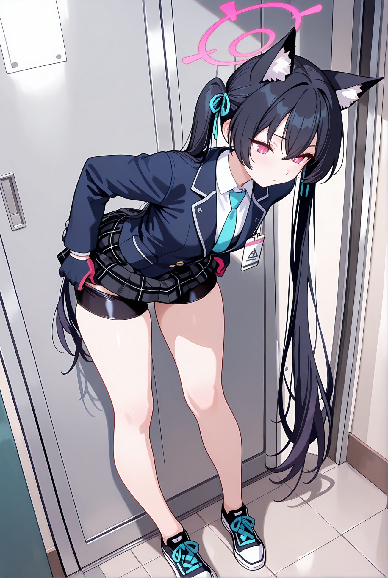 kuromi serika, sensitive, 1girl, solo, long_hair, blush, bangs, skirt, shirt, black_hair, red_eyes, gloves, long_sleeves, ribbon, animal_ears, hair_between_eyes, twintails, very_long_hair, closed_mouth, school_uniform, standing, jacket, full_body, hair_ribbon, white_shirt, thighs, pleated_skirt, necktie, shoes, shorts, black_gloves, collared_shirt, indoors, cat_ears, miniskirt, pink_eyes, black_footwear, animal_ear_fluff, plaid, short_shorts, leaning_forward, halo, plaid_skirt, looking_down, black_shorts, undressing, blue_ribbon, blue_jacket, bike_shorts, sneakers, extra_ears, blue_necktie, tiles, pulled_by_self, tile_floor, id_card, shorts_under_skirt, locker, bike_shorts_under_skirt, 長い髪, 赤面, 前髪, スカート, シャツ, 黒髪, 赤い目, 手袋, リボン, 動物耳, 目にかかる髪, ツインテール, とても長い髪, 口閉じ, 学校制服, 髪リボン, 白シャツ, 靴, 黒手袋, ミニスカート, 脱衣・着替え, バイクショーツ（スパッツ）, 黒見セリカ_posted