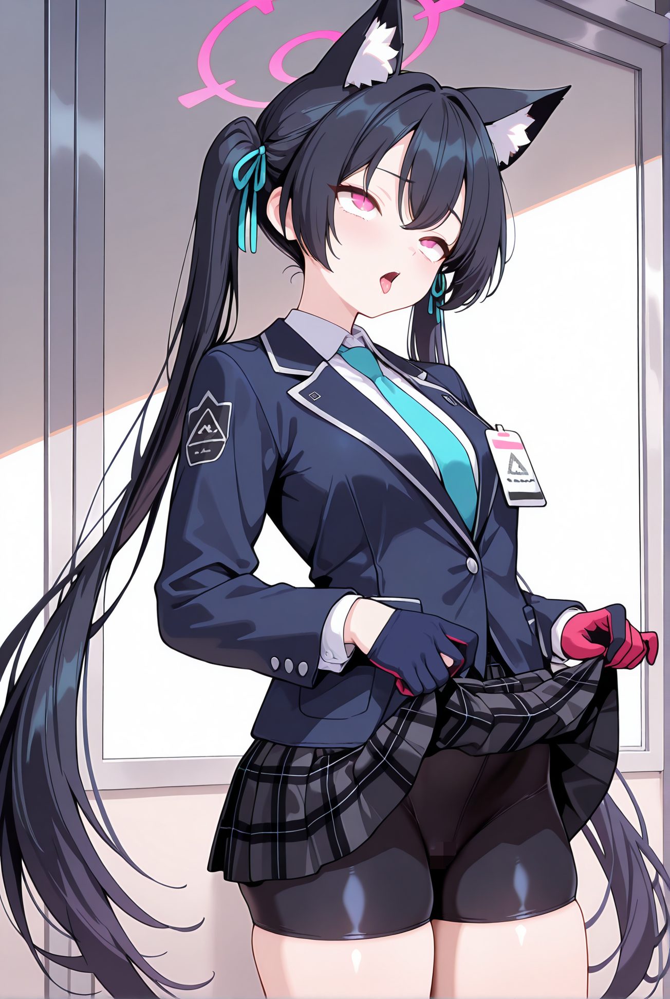 kuromi serika, questionable, 1girl, solo, long_hair, blush, open_mouth, bangs, skirt, shirt, black_hair, gloves, long_sleeves, ribbon, animal_ears, twintails, very_long_hair, school_uniform, standing, jacket, hair_ribbon, white_shirt, thighs, cowboy_shot, pleated_skirt, necktie, shorts, tongue, collared_shirt, cat_ears, tongue_out, pink_eyes, clothes_lift, animal_ear_fluff, plaid, symbol-shaped_pupils, saliva, skindentation, cameltoe, halo, plaid_skirt, black_shorts, skirt_lift, blazer, lifted_by_self, blue_jacket, bike_shorts, blue_necktie, ahegao, id_card, shorts_under_skirt, rolling_eyes, bike_shorts_under_skirt, 長い髪, 赤面, 口開き, 前髪, スカート, シャツ, 黒髪, 手袋, リボン, 動物耳, ツインテール, とても長い髪, 学校制服, 髪リボン, 白シャツ, 舌出し, 衣服たくし上げ, よだれ, スカートたくし上げ, バイクショーツ（スパッツ）, アヘ顔, 目が回る, 黒見セリカ_posted