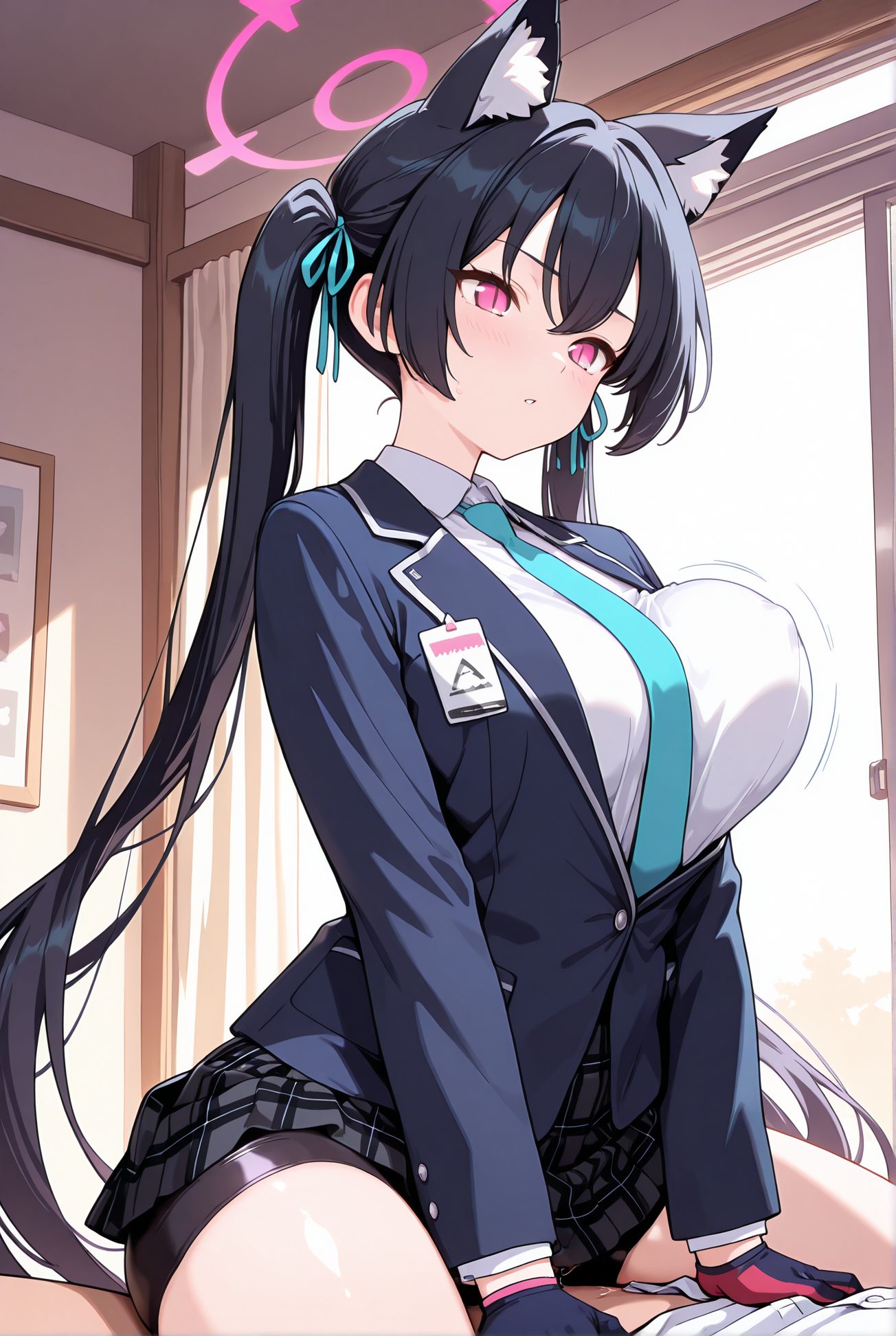 kuromi serika, questionable, 1girl, long_hair, breasts, blush, bangs, skirt, large_breasts, shirt, black_hair, gloves, long_sleeves, 1boy, ribbon, animal_ears, twintails, very_long_hair, school_uniform, jacket, hair_ribbon, white_shirt, hetero, thighs, pleated_skirt, parted_lips, necktie, solo_focus, black_gloves, collared_shirt, indoors, cat_ears, sex, black_skirt, pink_eyes, covered_nipples, animal_ear_fluff, plaid, halo, plaid_skirt, blazer, straddling, girl_on_top, blue_jacket, bike_shorts, extra_ears, cowgirl_position, clothed_sex, alternate_breast_size, blue_necktie, bouncing_breasts, 長い髪, 赤面, 前髪, スカート, 大きな胸, シャツ, 黒髪, 手袋, リボン, 動物耳, ツインテール, とても長い髪, 学校制服, 髪リボン, 白シャツ, 黒手袋, セックス, 跨がり, 女上位, バイクショーツ（スパッツ）, 騎乗位, 着衣セックス, 黒見セリカ_posted