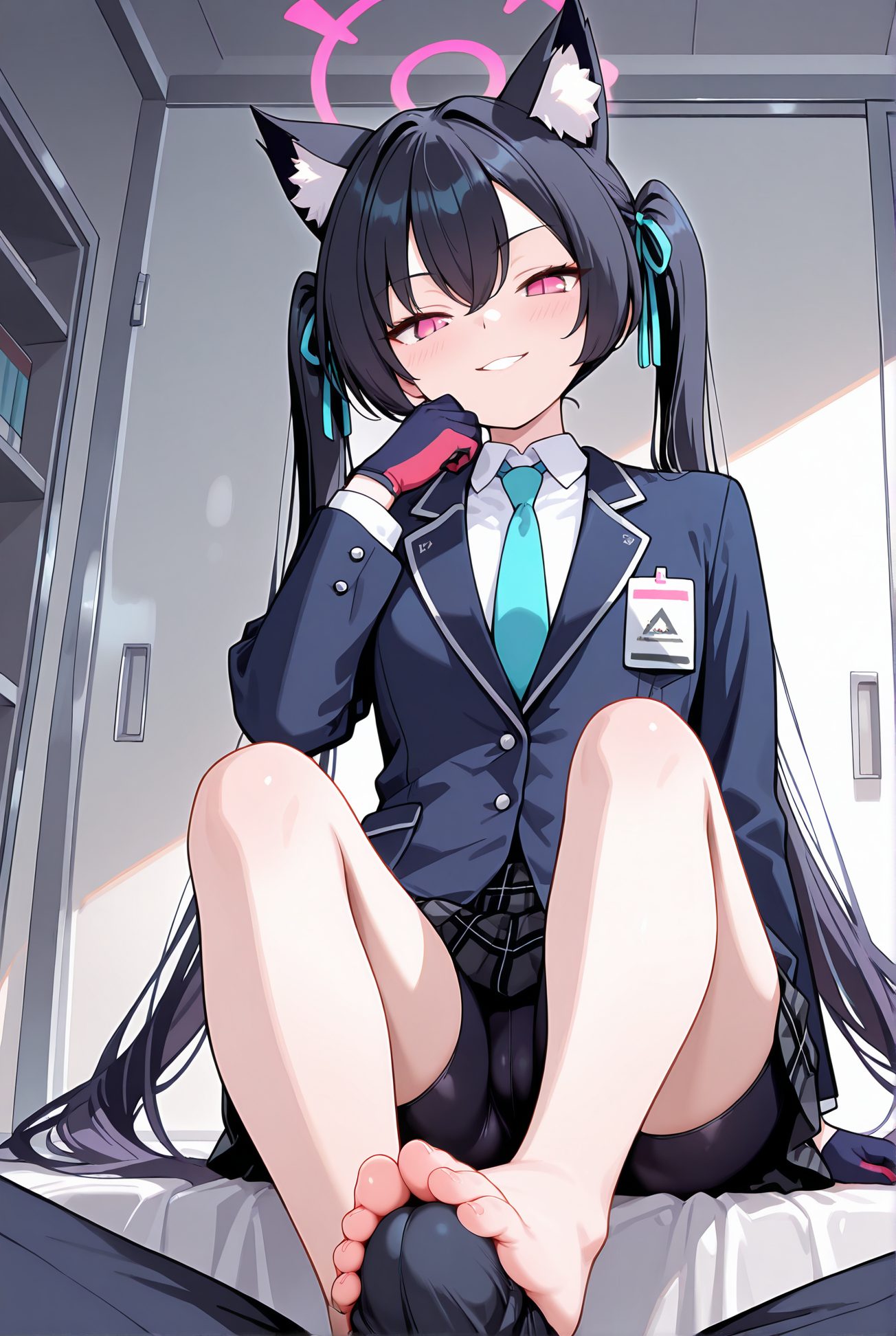 kuromi serika, questionable, explicit, 1girl, long_hair, looking_at_viewer, blush, smile, bangs, skirt, shirt, black_hair, red_eyes, gloves, long_sleeves, 1boy, ribbon, animal_ears, hair_between_eyes, twintails, sitting, very_long_hair, school_uniform, jacket, hair_ribbon, white_shirt, hetero, thighs, pleated_skirt, necktie, penis, shorts, barefoot, solo_focus, black_gloves, collared_shirt, indoors, cat_ears, miniskirt, pink_eyes, grin, feet, animal_ear_fluff, legs, plaid, toes, cameltoe, pov, halo, plaid_skirt, soles, black_shorts, erection, blazer, blue_ribbon, blue_jacket, bike_shorts, naughty_face, bulge, blue_necktie, foot_focus, shorts_under_skirt, erection_under_clothes, footjob, two-tone_gloves, 長い髪, 赤面, 笑顔, 前髪, スカート, シャツ, 黒髪, 赤い目, 手袋, リボン, 動物耳, 目にかかる髪, ツインテール, 座り, とても長い髪, 学校制服, 髪リボン, 白シャツ, 黒手袋, ミニスカート, バイクショーツ（スパッツ）, ok