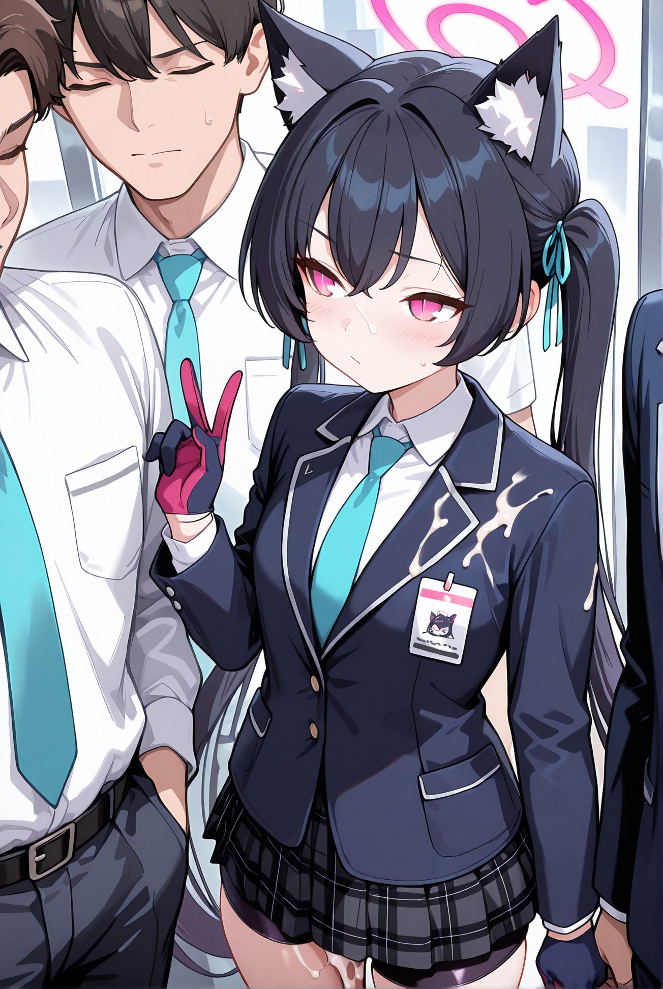 kuromi serika, explicit, 1girl, long_hair, blush, bangs, skirt, shirt, black_hair, gloves, long_sleeves, ribbon, animal_ears, twintails, very_long_hair, closed_mouth, school_uniform, jacket, closed_eyes, hair_ribbon, white_shirt, hetero, sweat, pleated_skirt, multiple_boys, necktie, shorts, solo_focus, black_gloves, collared_shirt, cat_ears, cum, 2boys, miniskirt, black_skirt, pink_eyes, sweatdrop, looking_at_another, animal_ear_fluff, plaid, v, halo, plaid_skirt, black_shorts, blue_ribbon, bike_shorts, cumdrip, blue_necktie, cum_on_clothes, id_card, shorts_under_skirt, train_interior, 長い髪, 赤面, 前髪, スカート, シャツ, 黒髪, 手袋, リボン, 動物耳, ツインテール, とても長い髪, 口閉じ, 学校制服, 髪リボン, 白シャツ, 汗, 黒手袋, 精液, ミニスカート, 汗滴, バイクショーツ（スパッツ）, 精液垂れ, 黒見セリカ_posted