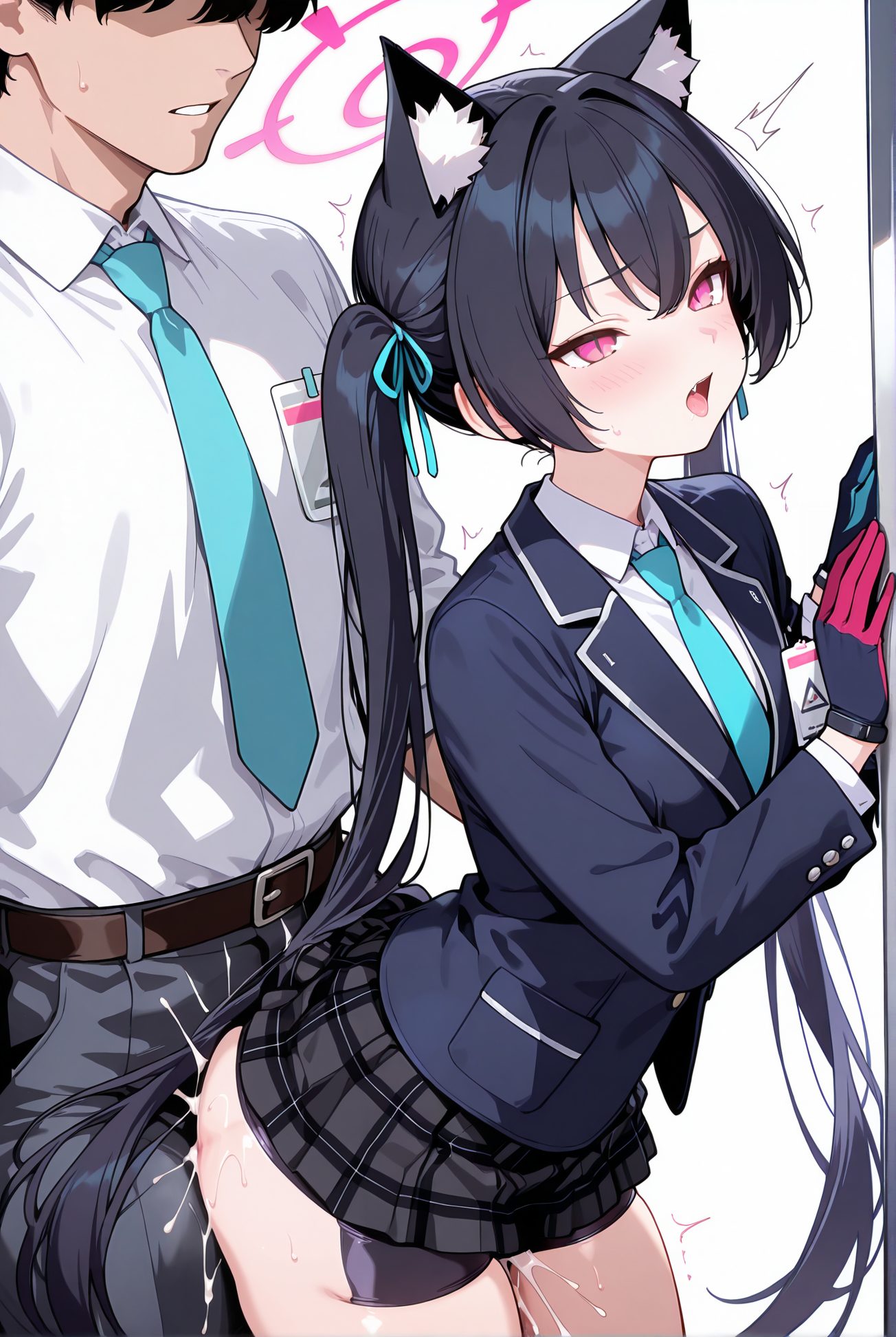 kuromi serika, explicit, 1girl, long_hair, blush, open_mouth, bangs, skirt, shirt, black_hair, gloves, long_sleeves, 1boy, white_background, ribbon, animal_ears, twintails, very_long_hair, school_uniform, standing, jacket, hair_ribbon, white_shirt, ass, hetero, thighs, sweat, pleated_skirt, necktie, solo_focus, black_gloves, fang, collared_shirt, belt, cat_ears, cum, sex, pink_eyes, animal_ear_fluff, plaid, symbol-shaped_pupils, cum_in_pussy, halo, plaid_skirt, sex_from_behind, clothed_sex, cumdrip, blue_necktie, overflow, against_wall, standing_sex, sensei_(blue_archive), 長い髪, 赤面, 口開き, 前髪, スカート, シャツ, 黒髪, 手袋, リボン, 動物耳, ツインテール, とても長い髪, 学校制服, 髪リボン, 白シャツ, 汗, 黒手袋, 精液, セックス, 中出し, 後背位, 着衣セックス, 精液垂れ, 立位セックス, 先生（ブルーアーカイブ）, ok, Posted