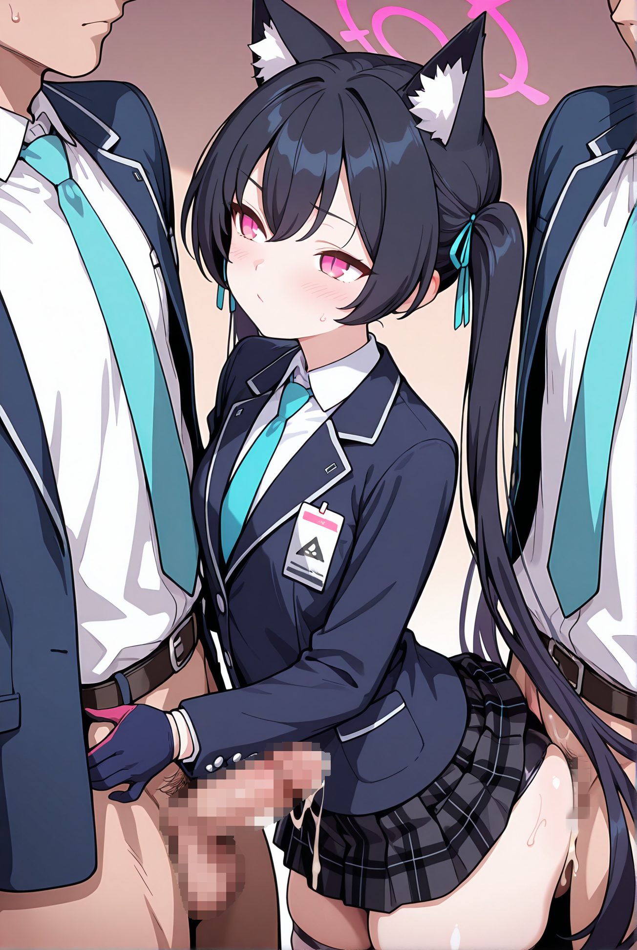 kuromi serika, explicit, 1girl, long_hair, blush, skirt, shirt, black_hair, red_eyes, thighhighs, gloves, long_sleeves, 1boy, ribbon, animal_ears, twintails, underwear, school_uniform, standing, panties, jacket, hair_ribbon, white_shirt, ass, hetero, thighs, pleated_skirt, censored, multiple_boys, necktie, penis, solo_focus, belt, cat_ears, cum, 2boys, pink_eyes, clothes_lift, animal_ear_fluff, plaid, pubic_hair, bar_censor, halo, plaid_skirt, skirt_lift, erection, blue_jacket, male_pubic_hair, clothed_sex, cumdrip, blue_necktie, cum_on_clothes, id_card, 長い髪, 赤面, スカート, シャツ, 黒髪, 赤い目, 太ももハイソックス, 手袋, リボン, 動物耳, ツインテール, 下着, 学校制服, パンツ, 髪リボン, 白シャツ, 精液, 衣服たくし上げ, スカートたくし上げ, 着衣セックス, 精液垂れ, ok, Posted