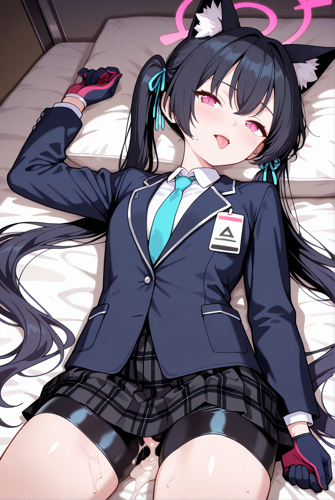 kuromi serika, explicit, 1girl, solo, long_hair, looking_at_viewer, blush, bangs, skirt, shirt, black_hair, gloves, long_sleeves, ribbon, animal_ears, twintails, very_long_hair, school_uniform, jacket, hair_ribbon, white_shirt, thighs, sweat, pleated_skirt, lying, necktie, shorts, tongue, black_gloves, cat_ears, cum, tongue_out, on_back, pink_eyes, animal_ear_fluff, pillow, plaid, on_bed, halo, plaid_skirt, black_shorts, blue_ribbon, blue_jacket, bike_shorts, extra_ears, after_sex, grey_skirt, cumdrip, half_gloves, id_card, shorts_under_skirt, bike_shorts_under_skirt, two-tone_gloves, 長い髪, 赤面, 前髪, スカート, シャツ, 黒髪, 手袋, リボン, 動物耳, ツインテール, とても長い髪, 学校制服, 髪リボン, 白シャツ, 汗, 横たわり, 黒手袋, 精液, 舌出し, 仰向け, バイクショーツ（スパッツ）, 事後, 精液垂れ, ok, Posted