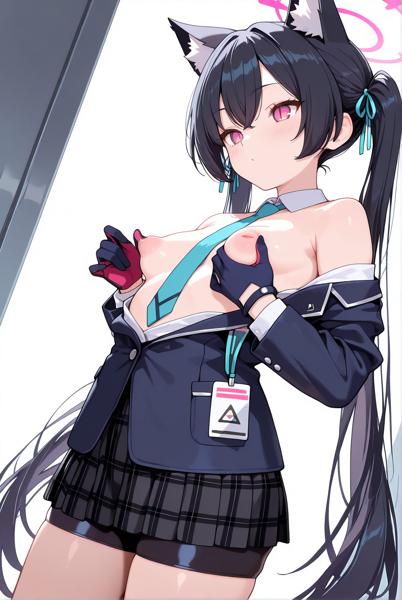 kuromi serika, questionable, 1girl, solo, long_hair, breasts, blush, bangs, skirt, shirt, black_hair, red_eyes, gloves, long_sleeves, white_background, ribbon, animal_ears, bare_shoulders, twintails, very_long_hair, closed_mouth, nipples, jacket, hair_ribbon, white_shirt, cowboy_shot, pleated_skirt, small_breasts, open_clothes, necktie, shorts, black_gloves, cat_ears, pink_eyes, off_shoulder, open_jacket, black_jacket, animal_ear_fluff, plaid, open_shirt, no_bra, halo, plaid_skirt, clothes_pull, black_shorts, breasts_out, blue_ribbon, blue_jacket, bike_shorts, extra_ears, blue_necktie, nipple_tweak, grabbing_own_breast, id_card, shorts_under_skirt, bike_shorts_under_skirt, 長い髪, 赤面, 前髪, スカート, シャツ, 黒髪, 赤い目, 手袋, リボン, 動物耳, 肩出し, ツインテール, とても長い髪, 口閉じ, 乳首, 髪リボン, 白シャツ, 小さな胸, 衣服開く, 黒手袋, シャツ開く, 胸出し, バイクショーツ（スパッツ）, 黒見セリカ_posted