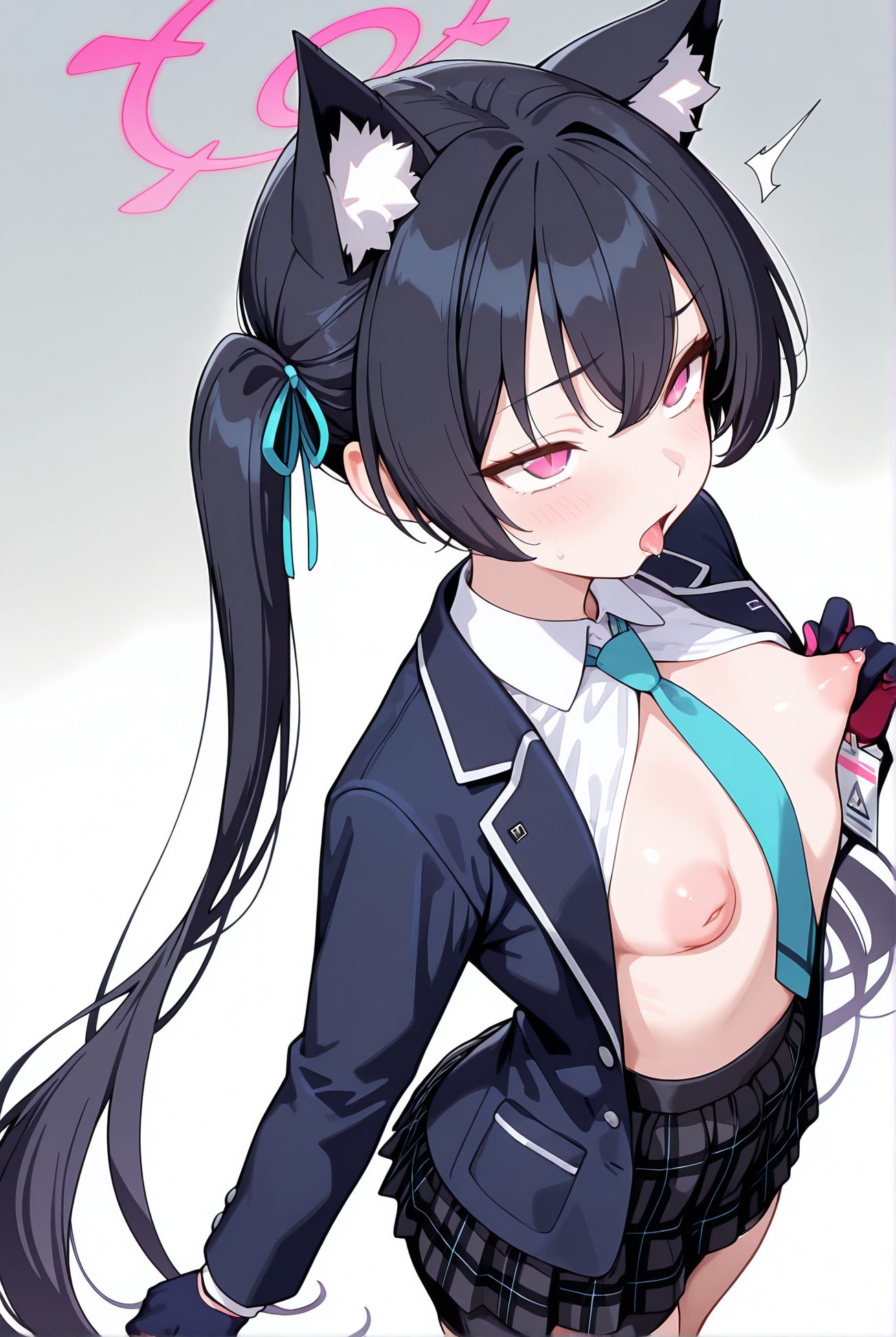 kuromi serika, questionable, 1girl, solo, long_hair, breasts, blush, open_mouth, bangs, skirt, simple_background, shirt, black_hair, gloves, long_sleeves, ribbon, animal_ears, twintails, very_long_hair, nipples, school_uniform, jacket, hair_ribbon, white_shirt, pleated_skirt, small_breasts, open_clothes, necktie, tongue, black_gloves, cat_ears, tongue_out, black_skirt, pink_eyes, open_jacket, animal_ear_fluff, plaid, open_shirt, no_bra, saliva, halo, plaid_skirt, drooling, ahegao, inverted_nipples, nipple_tweak, 長い髪, 赤面, 口開き, 前髪, スカート, シャツ, 黒髪, 手袋, リボン, 動物耳, ツインテール, とても長い髪, 乳首, 学校制服, 髪リボン, 白シャツ, 小さな胸, 衣服開く, 黒手袋, 舌出し, シャツ開く, よだれ, アヘ顔, ok