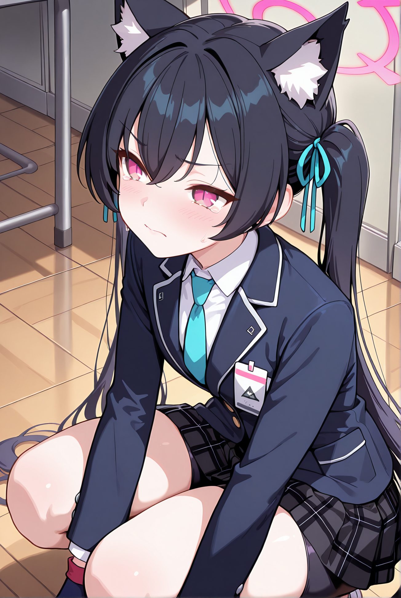 kuromi serika, sensitive, 1girl, solo, long_hair, blush, bangs, skirt, shirt, black_hair, red_eyes, gloves, long_sleeves, ribbon, animal_ears, twintails, sitting, very_long_hair, closed_mouth, school_uniform, jacket, hair_ribbon, white_shirt, pleated_skirt, necktie, shorts, black_gloves, collared_shirt, indoors, cat_ears, tears, pink_eyes, black_jacket, animal_ear_fluff, plaid, halo, plaid_skirt, looking_away, black_shorts, squatting, blazer, blue_ribbon, blue_jacket, bike_shorts, extra_ears, desk, tearing_up, blue_necktie, on_floor, classroom, shorts_under_skirt, bike_shorts_under_skirt, 長い髪, 赤面, 前髪, スカート, シャツ, 黒髪, 赤い目, 手袋, リボン, 動物耳, ツインテール, 座り, とても長い髪, 口閉じ, 学校制服, 髪リボン, 白シャツ, 黒手袋, 涙, バイクショーツ（スパッツ）, ok, Posted