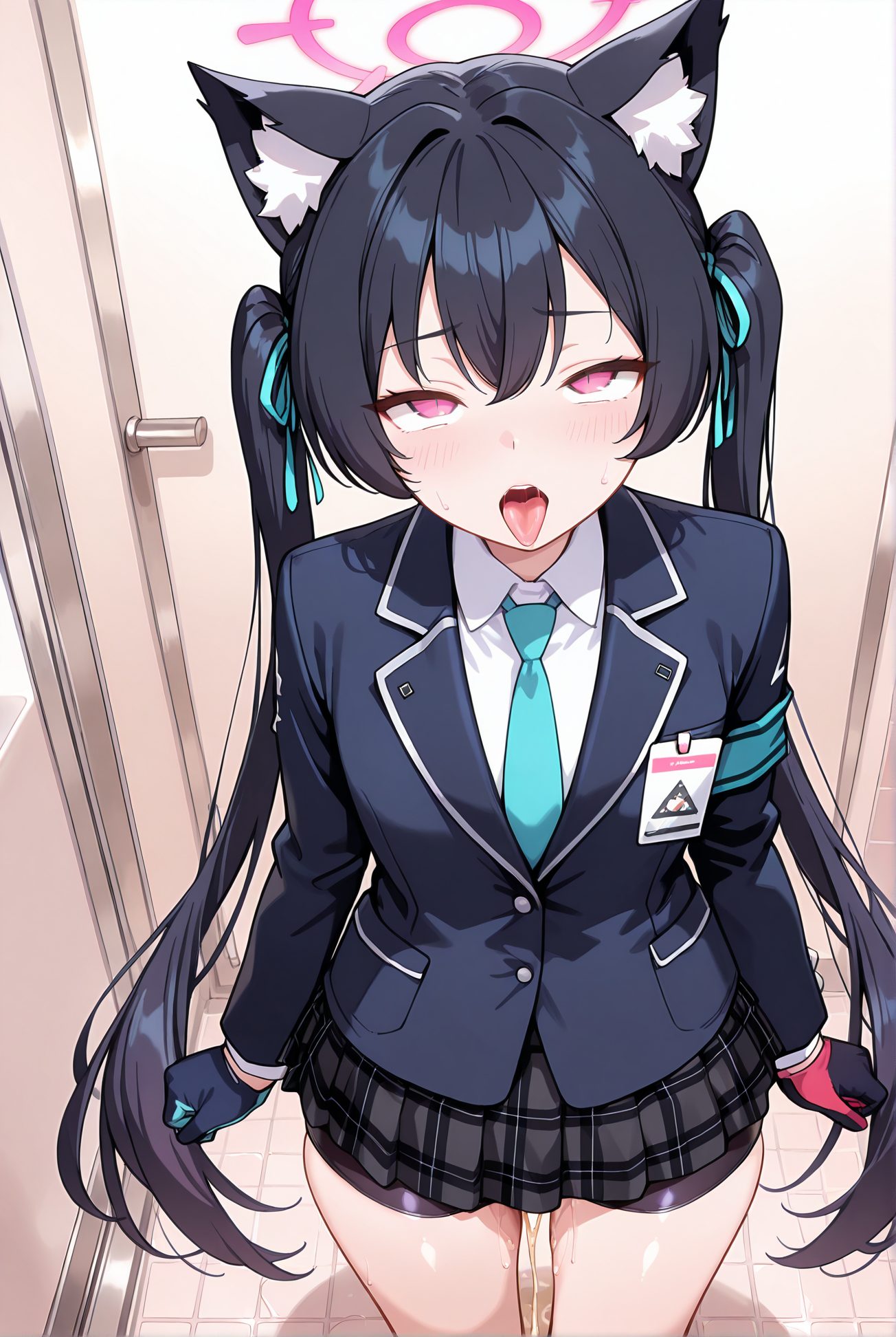 kuromi serika, questionable, explicit, 1girl, solo, long_hair, looking_at_viewer, blush, open_mouth, bangs, skirt, shirt, black_hair, red_eyes, gloves, long_sleeves, ribbon, animal_ears, hair_between_eyes, twintails, very_long_hair, school_uniform, standing, jacket, hair_ribbon, white_shirt, thighs, sweat, pleated_skirt, necktie, shorts, tongue, black_gloves, collared_shirt, cat_ears, tongue_out, miniskirt, pink_eyes, animal_ear_fluff, plaid, saliva, pussy_juice, halo, plaid_skirt, black_shorts, blazer, blue_ribbon, blue_jacket, bike_shorts, clenched_hands, blue_necktie, ahegao, peeing, pee, rolling_eyes, bike_shorts_under_skirt, peeing_self, 長い髪, 赤面, 口開き, 前髪, スカート, シャツ, 黒髪, 赤い目, 手袋, リボン, 動物耳, 目にかかる髪, ツインテール, とても長い髪, 学校制服, 髪リボン, 白シャツ, 汗, 黒手袋, 舌出し, ミニスカート, よだれ, 愛液, バイクショーツ（スパッツ）, アヘ顔, 目が回る, ok