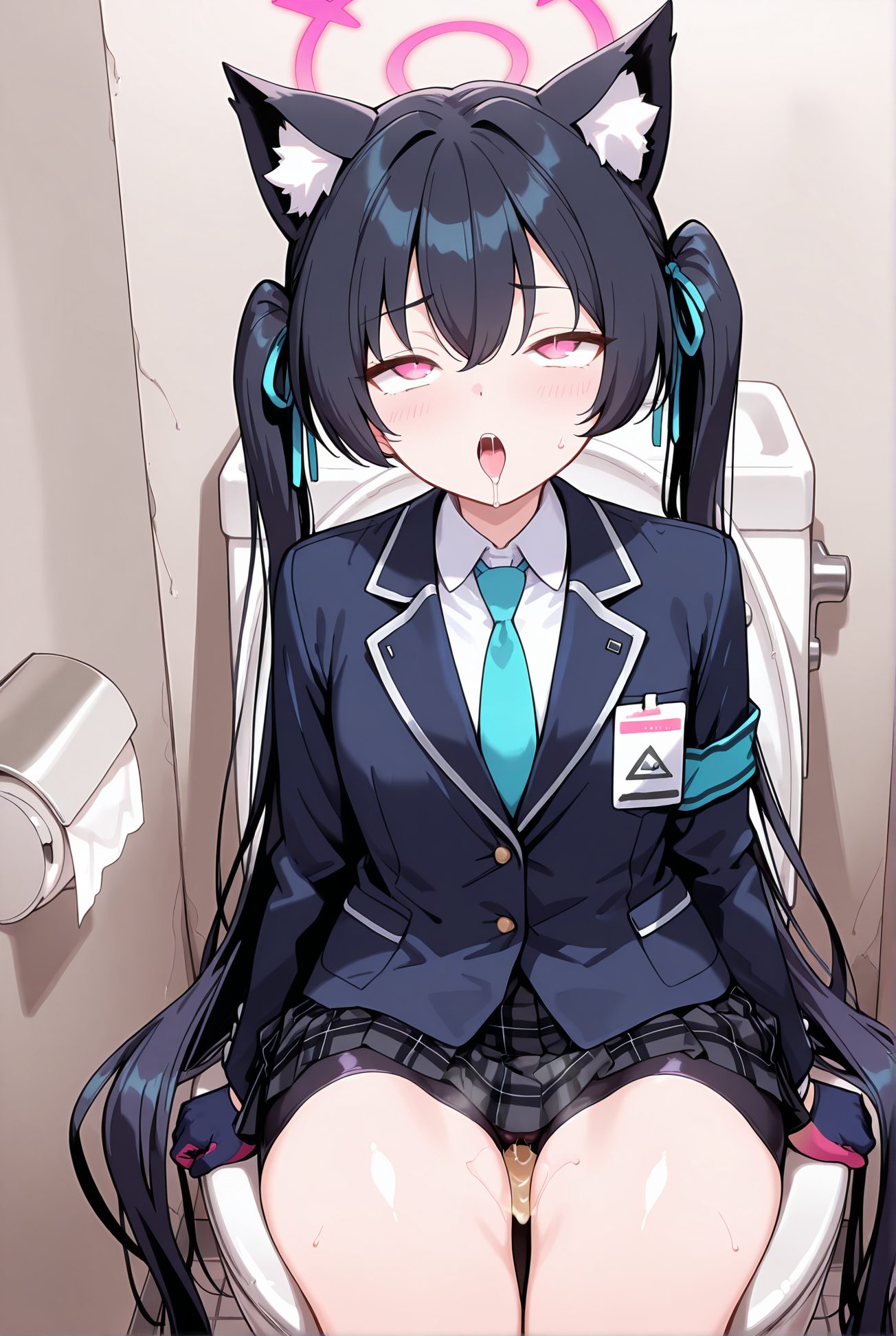 kuromi serika, questionable, 1girl, solo, long_hair, blush, open_mouth, bangs, skirt, shirt, black_hair, gloves, long_sleeves, ribbon, animal_ears, hair_between_eyes, twintails, sitting, very_long_hair, school_uniform, jacket, hair_ribbon, white_shirt, thighs, sweat, pleated_skirt, necktie, tongue, black_gloves, collared_shirt, cat_ears, tongue_out, pink_eyes, animal_ear_fluff, plaid, saliva, halo, plaid_skirt, blazer, blue_jacket, bike_shorts, drooling, blue_necktie, ahegao, peeing, pee, id_card, rolling_eyes, toilet, peeing_self, toilet_use, toilet_paper, 長い髪, 赤面, 口開き, 前髪, スカート, シャツ, 黒髪, 手袋, リボン, 動物耳, 目にかかる髪, ツインテール, 座り, とても長い髪, 学校制服, 髪リボン, 白シャツ, 汗, 黒手袋, 舌出し, よだれ, バイクショーツ（スパッツ）, アヘ顔, 目が回る, 黒見セリカ_posted