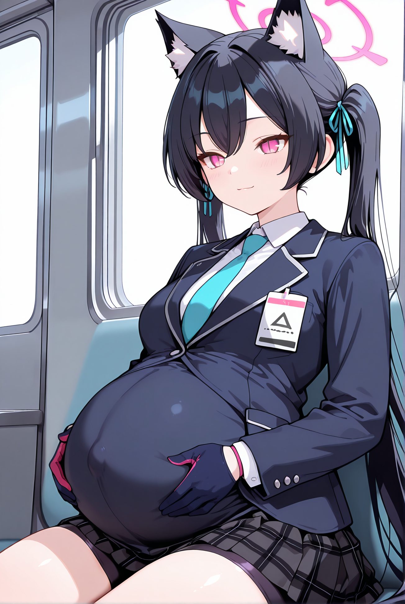 kuromi serika, sensitive, 1girl, solo, long_hair, breasts, looking_at_viewer, blush, smile, bangs, skirt, shirt, black_hair, gloves, long_sleeves, ribbon, animal_ears, twintails, sitting, very_long_hair, closed_mouth, school_uniform, jacket, hair_ribbon, white_shirt, thighs, pleated_skirt, necktie, collared_shirt, cat_ears, pink_eyes, black_jacket, animal_ear_fluff, plaid, :3, halo, plaid_skirt, blazer, blue_jacket, bike_shorts, extra_ears, blue_necktie, pregnant, hand_on_own_stomach, bike_shorts_under_skirt, big_belly, hands_on_own_stomach, 長い髪, 赤面, 笑顔, 前髪, スカート, シャツ, 黒髪, 手袋, リボン, 動物耳, ツインテール, 座り, とても長い髪, 口閉じ, 学校制服, 髪リボン, 白シャツ, バイクショーツ（スパッツ）, ok