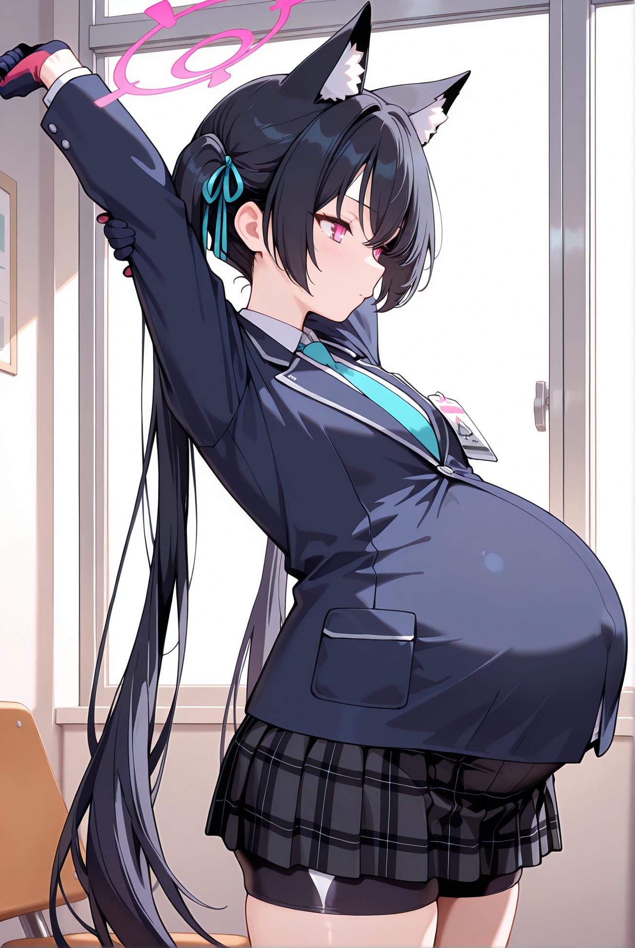 kuromi serika, sensitive, 1girl, solo, long_hair, breasts, blush, bangs, skirt, shirt, black_hair, gloves, long_sleeves, ribbon, animal_ears, twintails, very_long_hair, closed_mouth, school_uniform, jacket, hair_ribbon, white_shirt, thighs, cowboy_shot, pleated_skirt, necktie, black_gloves, indoors, cat_ears, miniskirt, pink_eyes, huge_breasts, arm_up, arms_up, black_jacket, animal_ear_fluff, plaid, window, halo, plaid_skirt, black_shorts, blue_ribbon, bike_shorts, extra_ears, alternate_breast_size, blue_necktie, classroom, stretching, pregnant, two-tone_gloves, 長い髪, 赤面, 前髪, スカート, シャツ, 黒髪, 手袋, リボン, 動物耳, ツインテール, とても長い髪, 口閉じ, 学校制服, 髪リボン, 白シャツ, 黒手袋, ミニスカート, 巨大な胸, バイクショーツ（スパッツ）, 黒見セリカ_posted