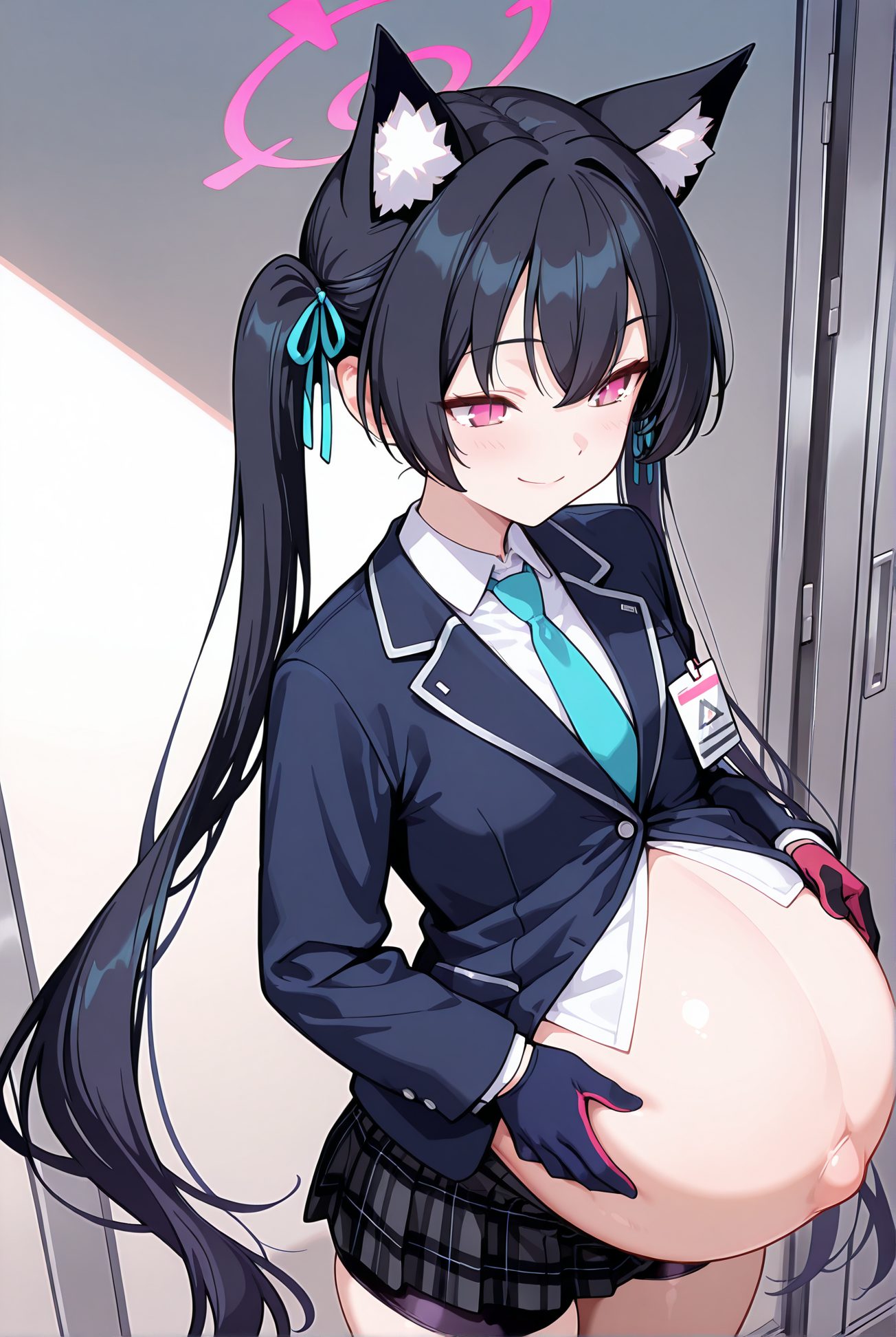 kuromi serika, questionable, 1girl, solo, long_hair, blush, smile, bangs, skirt, shirt, black_hair, gloves, long_sleeves, ribbon, navel, animal_ears, twintails, very_long_hair, closed_mouth, school_uniform, jacket, hair_ribbon, white_shirt, pleated_skirt, necktie, collared_shirt, cat_ears, miniskirt, black_skirt, pink_eyes, black_jacket, animal_ear_fluff, plaid, halo, plaid_skirt, blazer, blue_ribbon, blue_jacket, blue_necktie, pregnant, hand_on_own_stomach, big_belly, hands_on_own_stomach, 長い髪, 赤面, 笑顔, 前髪, スカート, シャツ, 黒髪, 手袋, リボン, 動物耳, ツインテール, とても長い髪, 口閉じ, 学校制服, 髪リボン, 白シャツ, ミニスカート, 黒見セリカ_posted