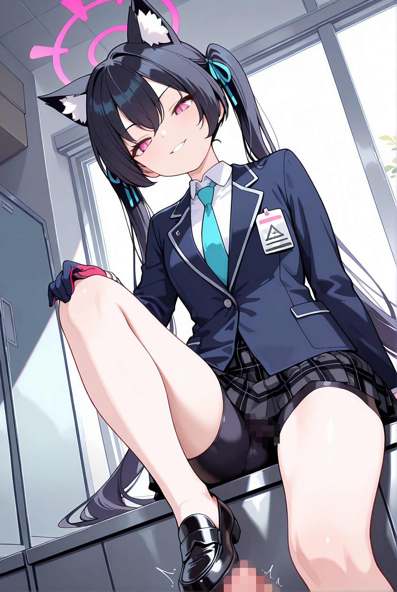 kuromi serika, explicit, 1girl, long_hair, looking_at_viewer, smile, bangs, skirt, shirt, black_hair, red_eyes, gloves, long_sleeves, 1boy, ribbon, animal_ears, twintails, sitting, very_long_hair, school_uniform, jacket, hair_ribbon, white_shirt, hetero, thighs, pleated_skirt, censored, necktie, penis, shoes, shorts, solo_focus, collared_shirt, indoors, cat_ears, pink_eyes, black_footwear, grin, animal_ear_fluff, legs, plaid, cameltoe, halo, plaid_skirt, black_shorts, blazer, blue_jacket, bike_shorts, loafers, naughty_face, knee_up, shorts_under_skirt, footjob, 長い髪, 笑顔, 前髪, スカート, シャツ, 黒髪, 赤い目, 手袋, リボン, 動物耳, ツインテール, 座り, とても長い髪, 学校制服, 髪リボン, 白シャツ, 靴, バイクショーツ（スパッツ）, ok