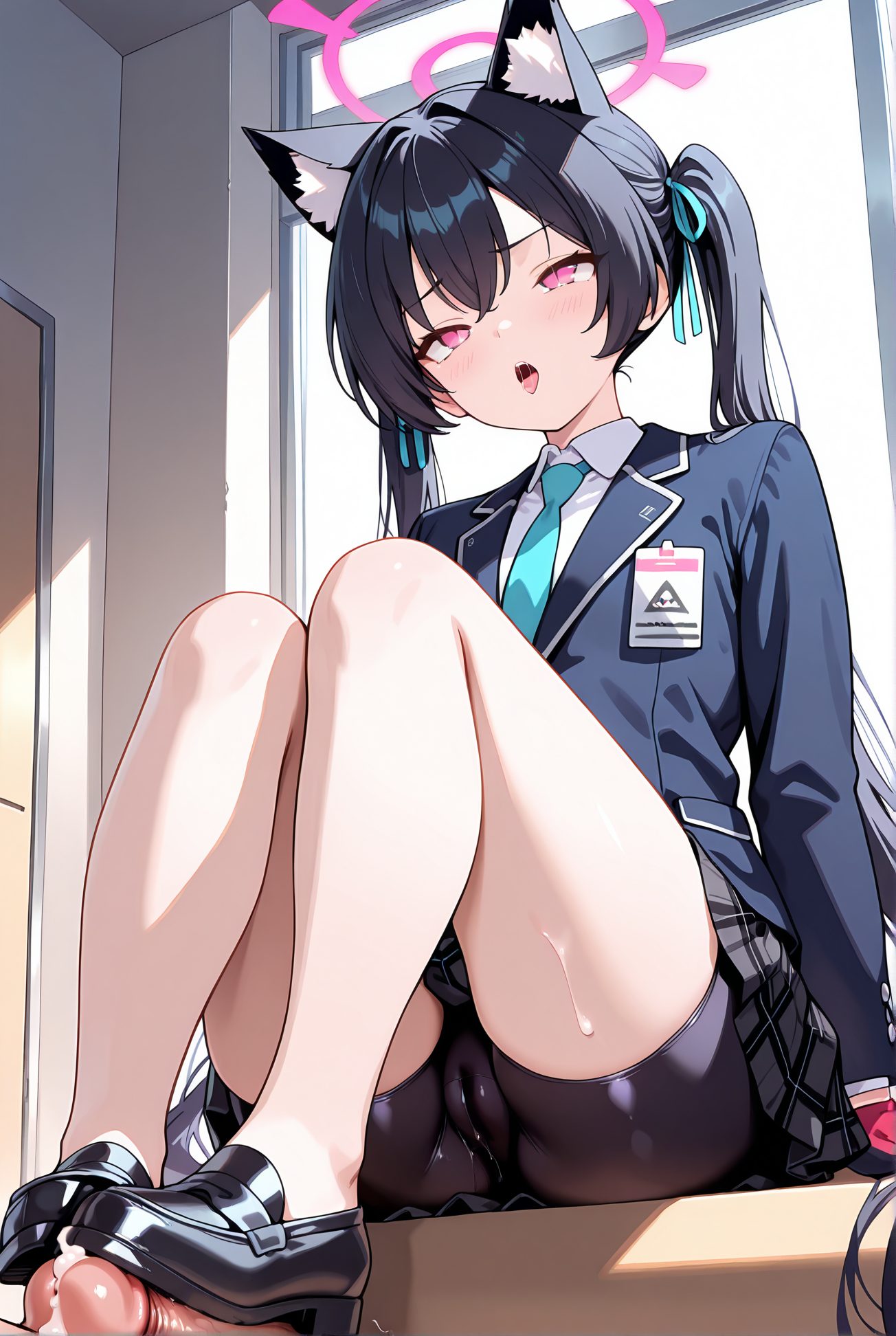 kuromi serika, explicit, 1girl, long_hair, blush, open_mouth, bangs, skirt, shirt, black_hair, long_sleeves, 1boy, ribbon, animal_ears, twintails, sitting, very_long_hair, school_uniform, jacket, hair_ribbon, white_shirt, hetero, thighs, sweat, pleated_skirt, necktie, penis, shoes, shorts, solo_focus, tongue, collared_shirt, cat_ears, cum, tongue_out, pink_eyes, black_footwear, animal_ear_fluff, legs, plaid, symbol-shaped_pupils, uncensored, pussy_juice, cameltoe, halo, plaid_skirt, black_shorts, blazer, blue_jacket, bike_shorts, loafers, knees_up, extra_ears, shorts_under_skirt, footjob, 長い髪, 赤面, 口開き, 前髪, スカート, シャツ, 黒髪, リボン, 動物耳, ツインテール, 座り, とても長い髪, 学校制服, 髪リボン, 白シャツ, 汗, 靴, 精液, 舌出し, 無修正, 愛液, バイクショーツ（スパッツ）, 膝上げ, 黒見セリカ_posted