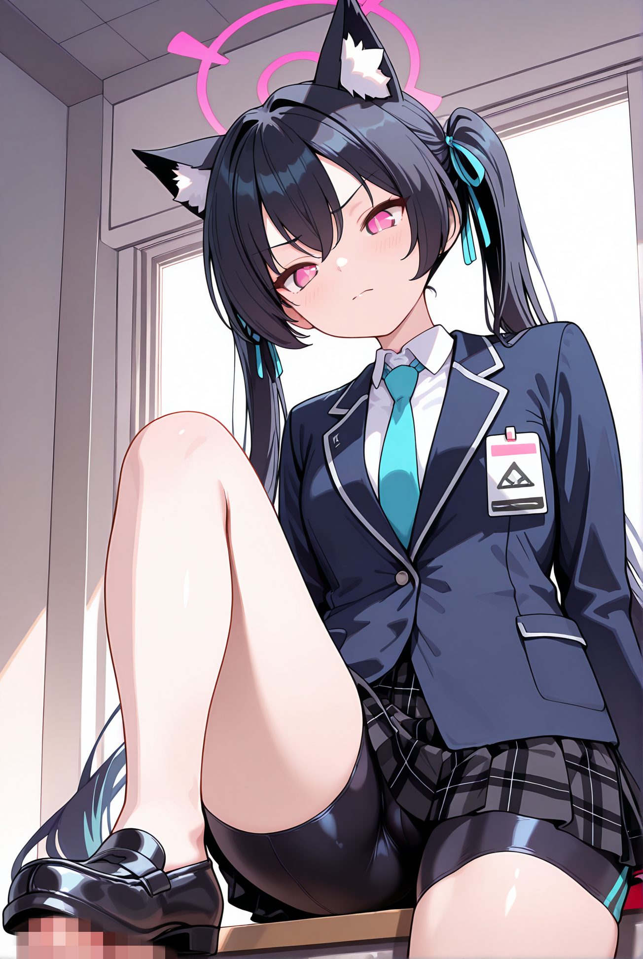 kuromi serika, explicit, 1girl, long_hair, looking_at_viewer, blush, bangs, skirt, shirt, black_hair, red_eyes, long_sleeves, 1boy, ribbon, animal_ears, twintails, sitting, very_long_hair, closed_mouth, school_uniform, jacket, hair_ribbon, white_shirt, hetero, thighs, pleated_skirt, censored, necktie, penis, shoes, shorts, solo_focus, collared_shirt, indoors, cat_ears, pink_eyes, black_footwear, animal_ear_fluff, plaid, window, frown, halo, plaid_skirt, black_shorts, blazer, blue_jacket, bike_shorts, loafers, knee_up, blue_necktie, shorts_under_skirt, bike_shorts_under_skirt, 長い髪, 赤面, 前髪, スカート, シャツ, 黒髪, 赤い目, リボン, 動物耳, ツインテール, 座り, とても長い髪, 口閉じ, 学校制服, 髪リボン, 白シャツ, 靴, バイクショーツ（スパッツ）, ok, Posted