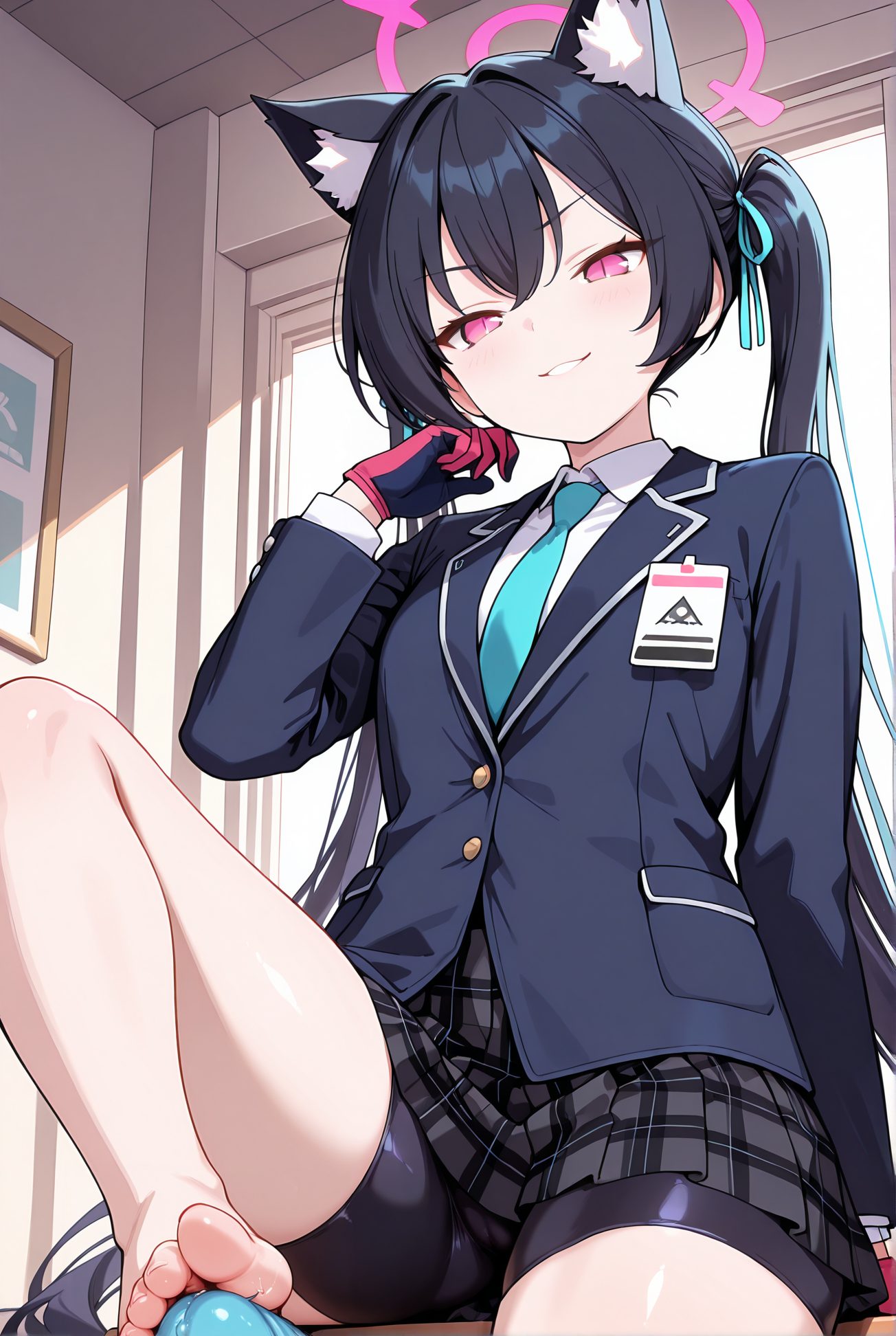 kuromi serika, explicit, 1girl, long_hair, looking_at_viewer, blush, smile, bangs, skirt, shirt, black_hair, gloves, long_sleeves, 1boy, ribbon, animal_ears, twintails, sitting, very_long_hair, school_uniform, jacket, hair_ribbon, white_shirt, hetero, thighs, pleated_skirt, parted_lips, necktie, penis, shorts, barefoot, solo_focus, collared_shirt, indoors, cat_ears, pink_eyes, grin, feet, animal_ear_fluff, legs, plaid, toes, halo, plaid_skirt, black_shorts, erection, blazer, blue_jacket, bike_shorts, naughty_face, bulge, smug, shorts_under_skirt, erection_under_clothes, footjob, 長い髪, 赤面, 笑顔, 前髪, スカート, シャツ, 黒髪, 手袋, リボン, 動物耳, ツインテール, 座り, とても長い髪, 学校制服, 髪リボン, 白シャツ, バイクショーツ（スパッツ）, 黒見セリカ_posted