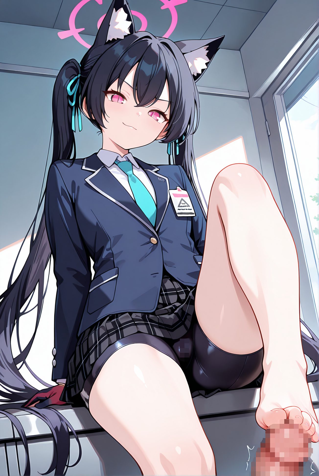 kuromi serika, explicit, 1girl, long_hair, looking_at_viewer, blush, smile, bangs, skirt, shirt, black_hair, red_eyes, gloves, long_sleeves, 1boy, ribbon, animal_ears, twintails, sitting, very_long_hair, closed_mouth, school_uniform, jacket, hair_ribbon, white_shirt, hetero, thighs, pleated_skirt, necktie, penis, shorts, barefoot, solo_focus, indoors, cat_ears, pink_eyes, feet, animal_ear_fluff, legs, plaid, uncensored, toes, :3, cameltoe, halo, plaid_skirt, black_shorts, erection, blazer, blue_jacket, bike_shorts, knee_up, smug, footjob, 長い髪, 赤面, 笑顔, 前髪, スカート, シャツ, 黒髪, 赤い目, 手袋, リボン, 動物耳, ツインテール, 座り, とても長い髪, 口閉じ, 学校制服, 髪リボン, 白シャツ, 無修正, バイクショーツ（スパッツ）, ok, Posted