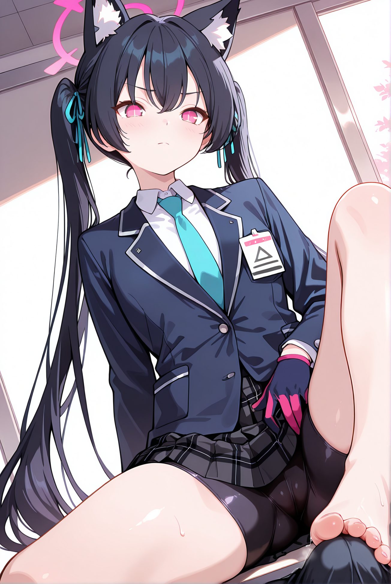 kuromi serika, questionable, 1girl, long_hair, looking_at_viewer, blush, bangs, skirt, shirt, black_hair, red_eyes, gloves, long_sleeves, 1boy, ribbon, animal_ears, twintails, sitting, very_long_hair, closed_mouth, school_uniform, jacket, hair_ribbon, white_shirt, hetero, thighs, pleated_skirt, necktie, shorts, barefoot, solo_focus, collared_shirt, cat_ears, pink_eyes, clothes_lift, feet, animal_ear_fluff, plaid, toes, cameltoe, halo, plaid_skirt, black_shorts, erection, blazer, blue_ribbon, blue_jacket, bike_shorts, bulge, blue_necktie, shorts_under_skirt, erection_under_clothes, footjob, 長い髪, 赤面, 前髪, スカート, シャツ, 黒髪, 赤い目, 手袋, リボン, 動物耳, ツインテール, 座り, とても長い髪, 口閉じ, 学校制服, 髪リボン, 白シャツ, 衣服たくし上げ, バイクショーツ（スパッツ）, ok