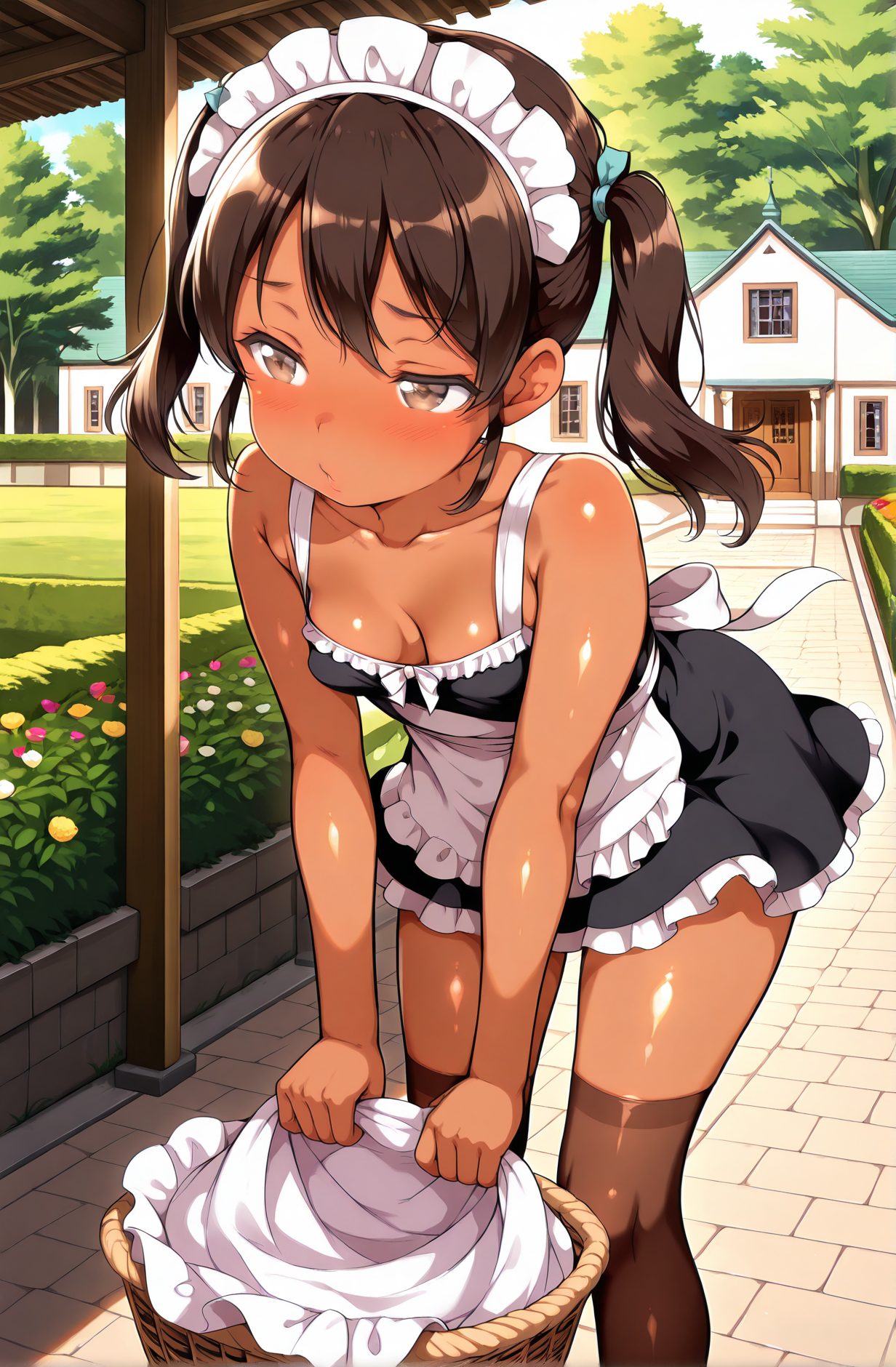 肩出し・茶髪の褐色のAIイラスト