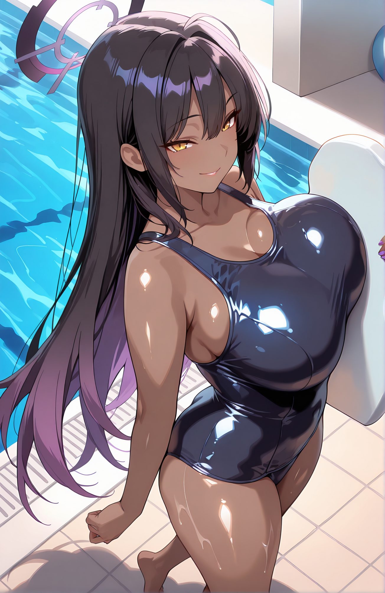 ワンピース水着・赤面の角楯カリンのAIイラスト