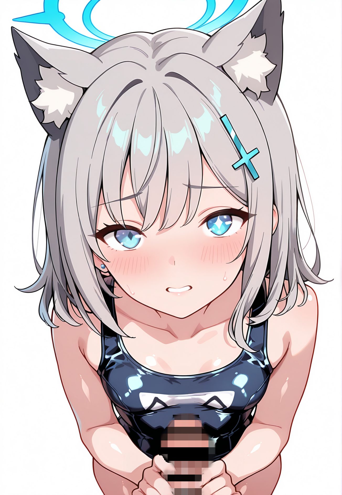 スク水の灰髪姿を描いたAIイラスト(スクール水着)