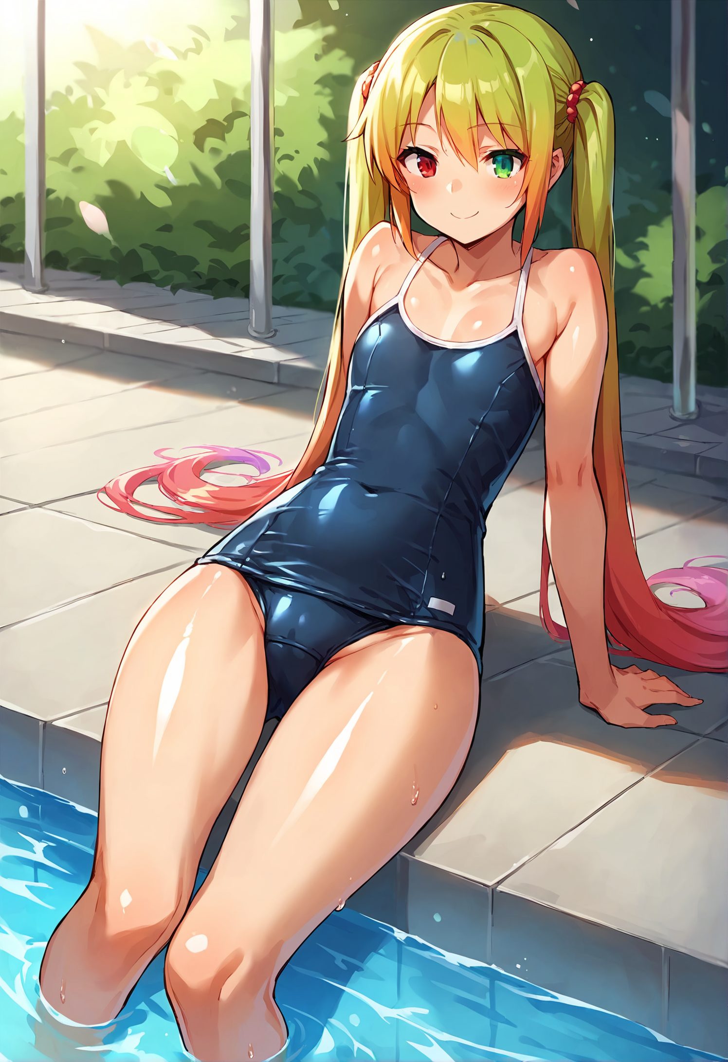 赤目・笑顔のスク水のAIイラスト